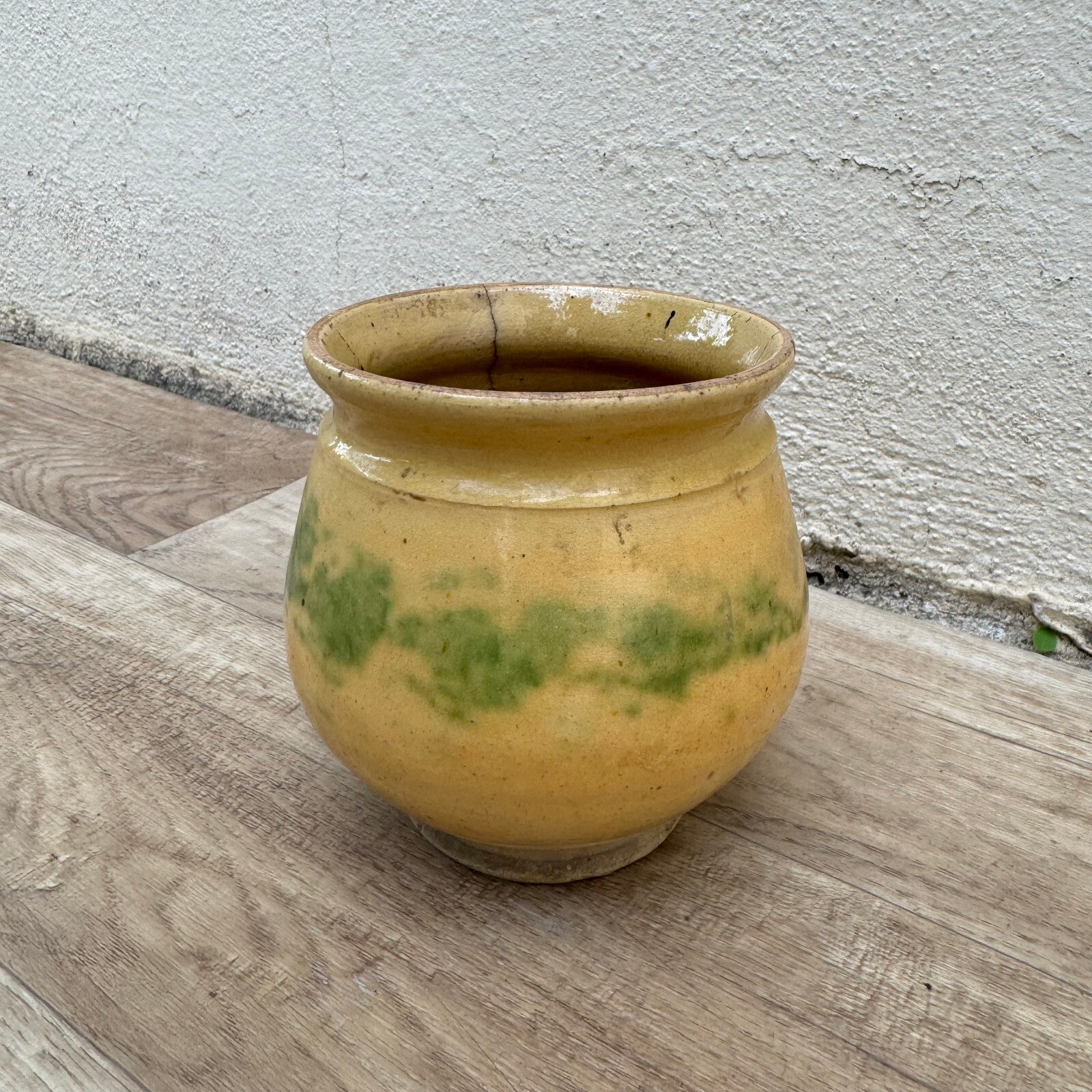 Antique French Confit Pot Yellow Green Glazed Stoneware Jar 1909242 Unmarked
