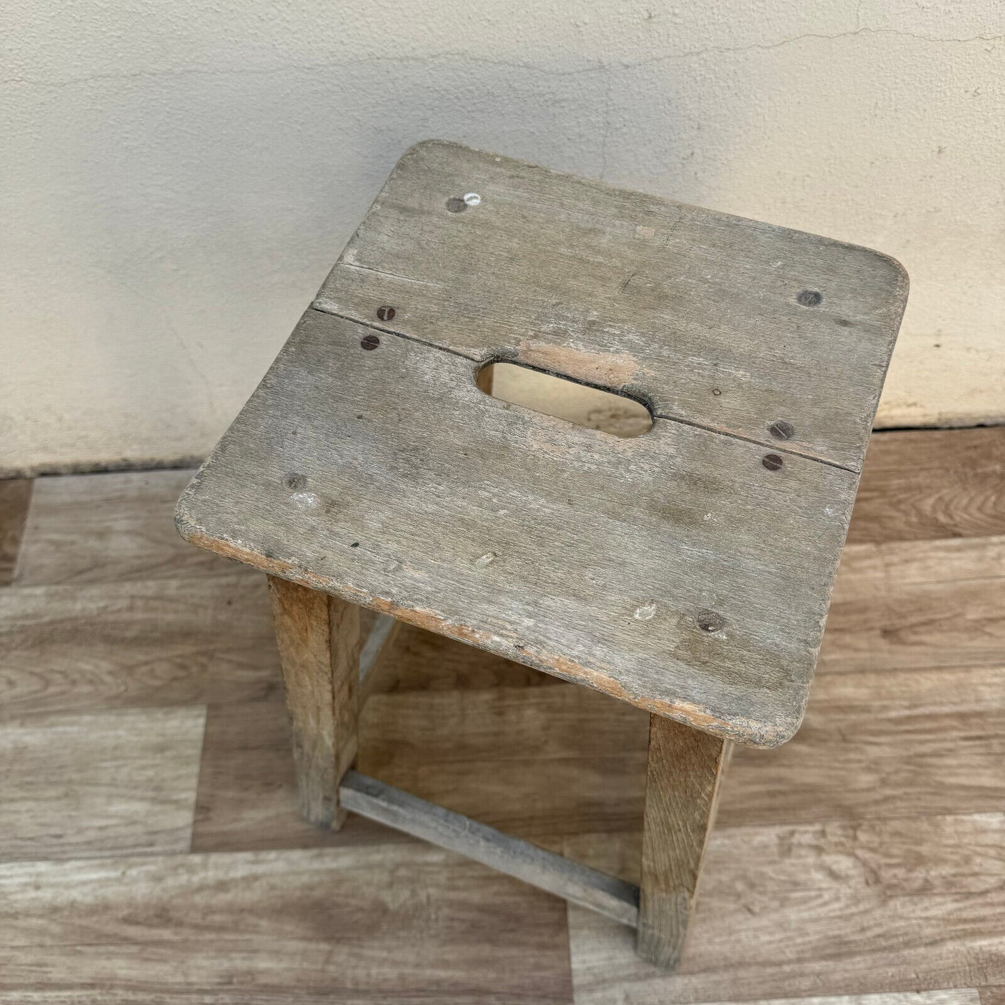 Vintage French Industrial Wooden Stool 1940 1950 2706243 - Fleamarketfrance