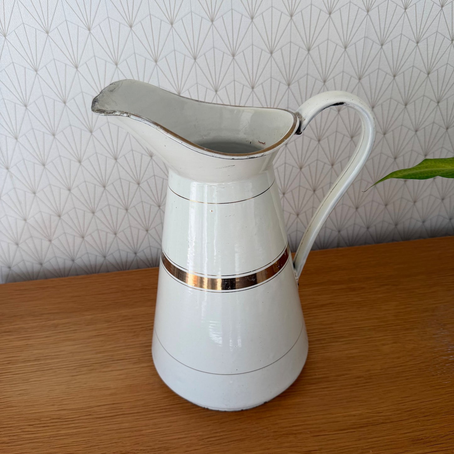 Vintage French Enamel Pitcher White Gold Band Water Jug Antique 1302265 Fleamarketfrance