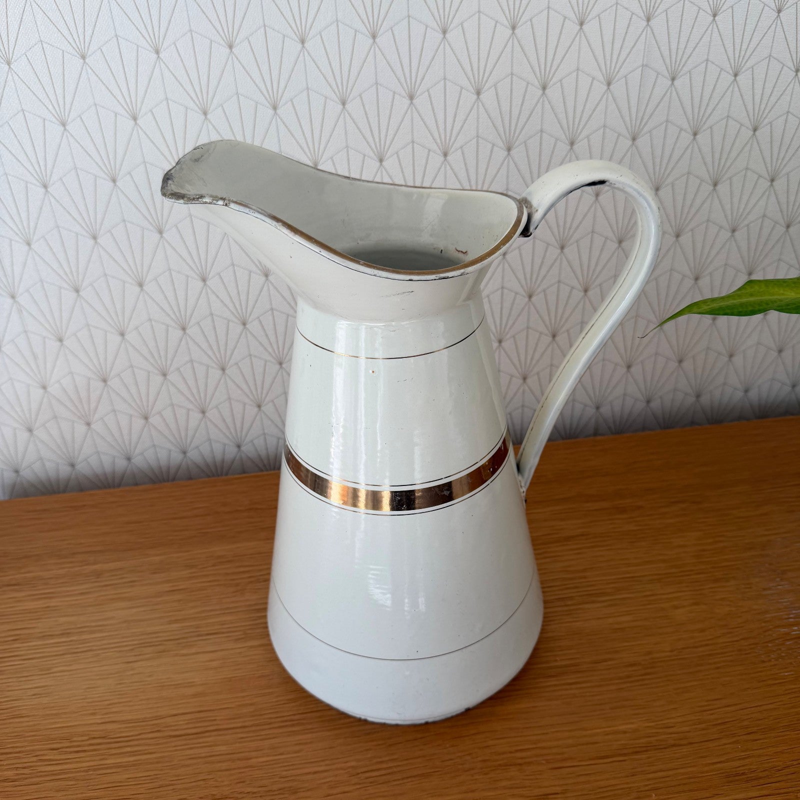 Vintage French Enamel Pitcher White Gold Band Water Jug Antique 1302265 Fleamarketfrance