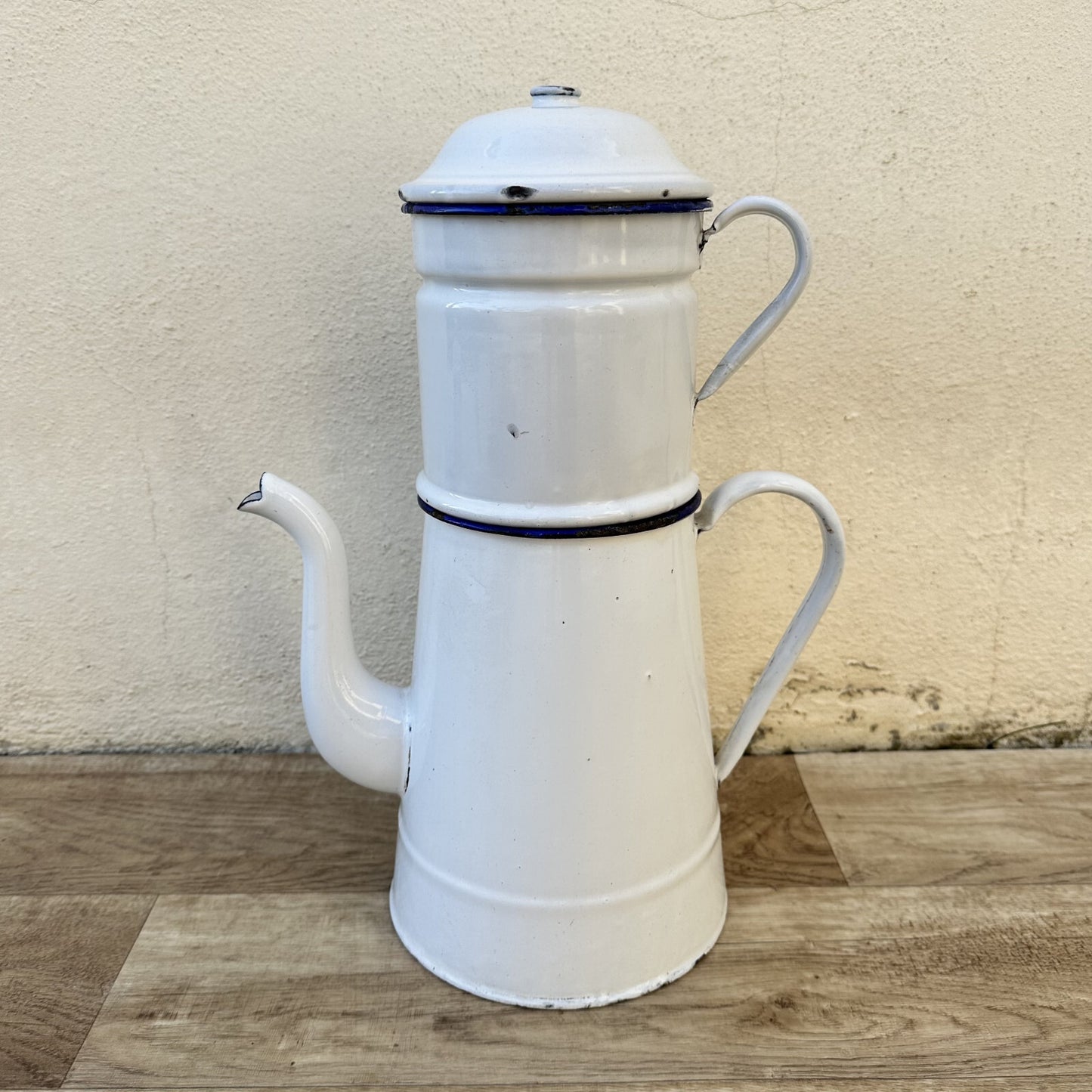 French Enamel Coffee Pot White Blue Trim Biggin Filter Vintage 1302233 Fleamarketfrance