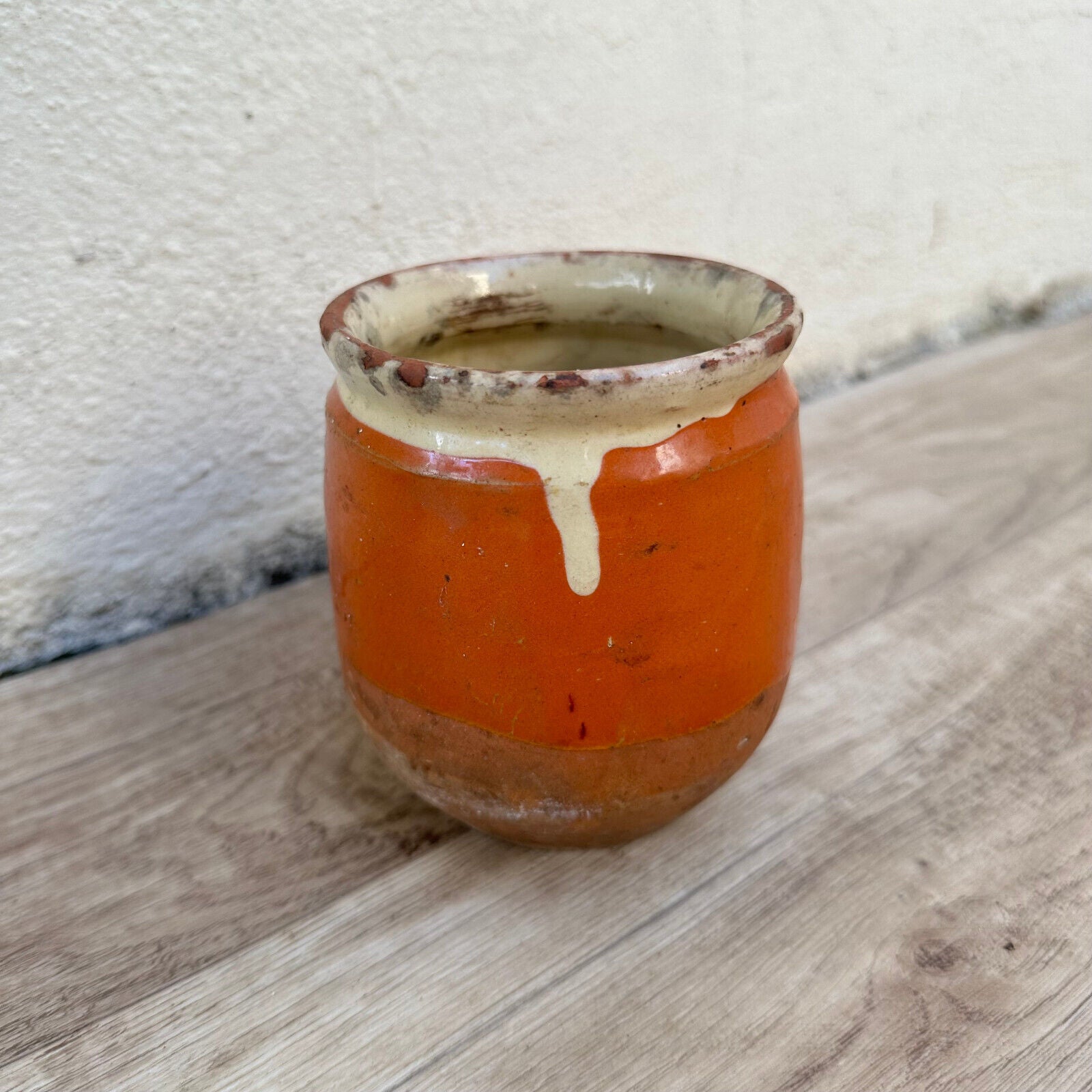 HANDMADE GLAZED RED BEIGE ANTIQUE FRENCH HONEY POT CONFIT 05032511 - Fleamarketfrance