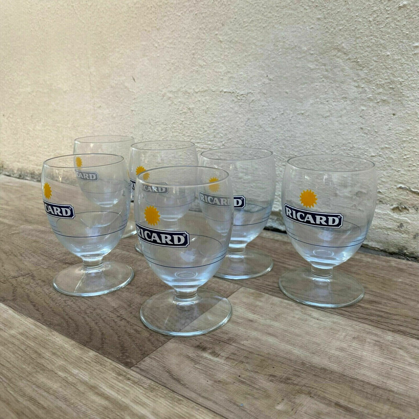 6 FRENCH RICARD ANISETTE PASTIS GLASSES WITH SUNBURST MOTIF 1001254 - Fleamarketfrance