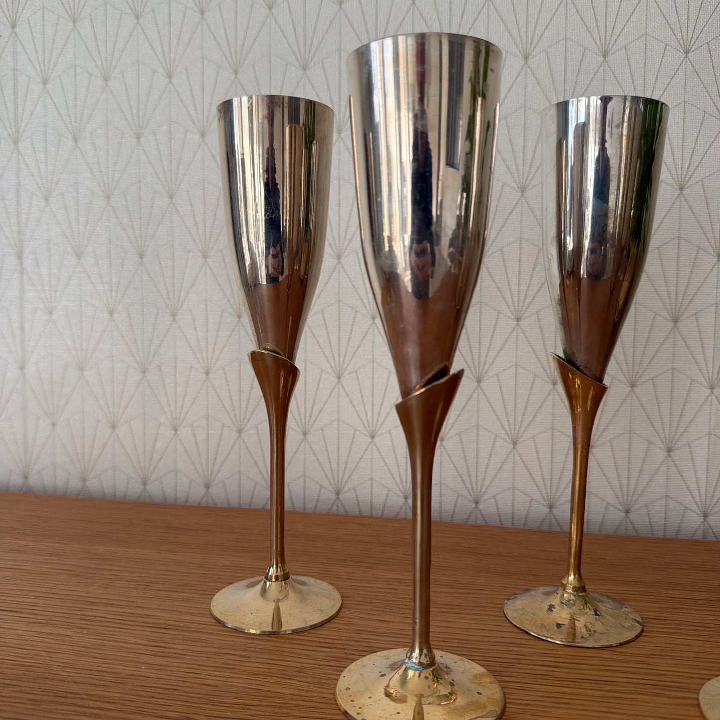 Vintage 4 silver gold champagne flutes silverplate glasses set 1805268 International Silver