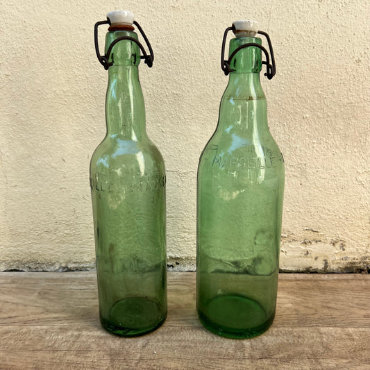 French Vintage Marseille Glass Bottles Green Set of 2 Wire Bail 07062216 Unbranded