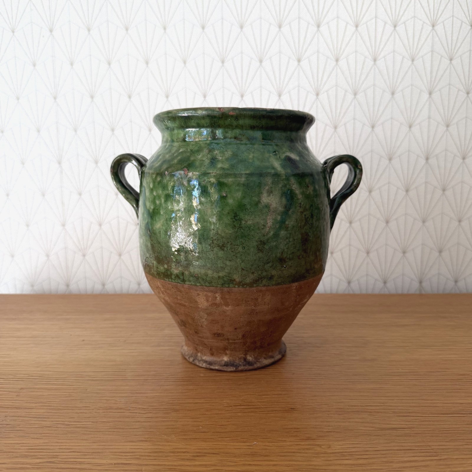 Antique French Confit Pot Green Glazed Terra Cotta 2-Handle 1908268 Unmarked
