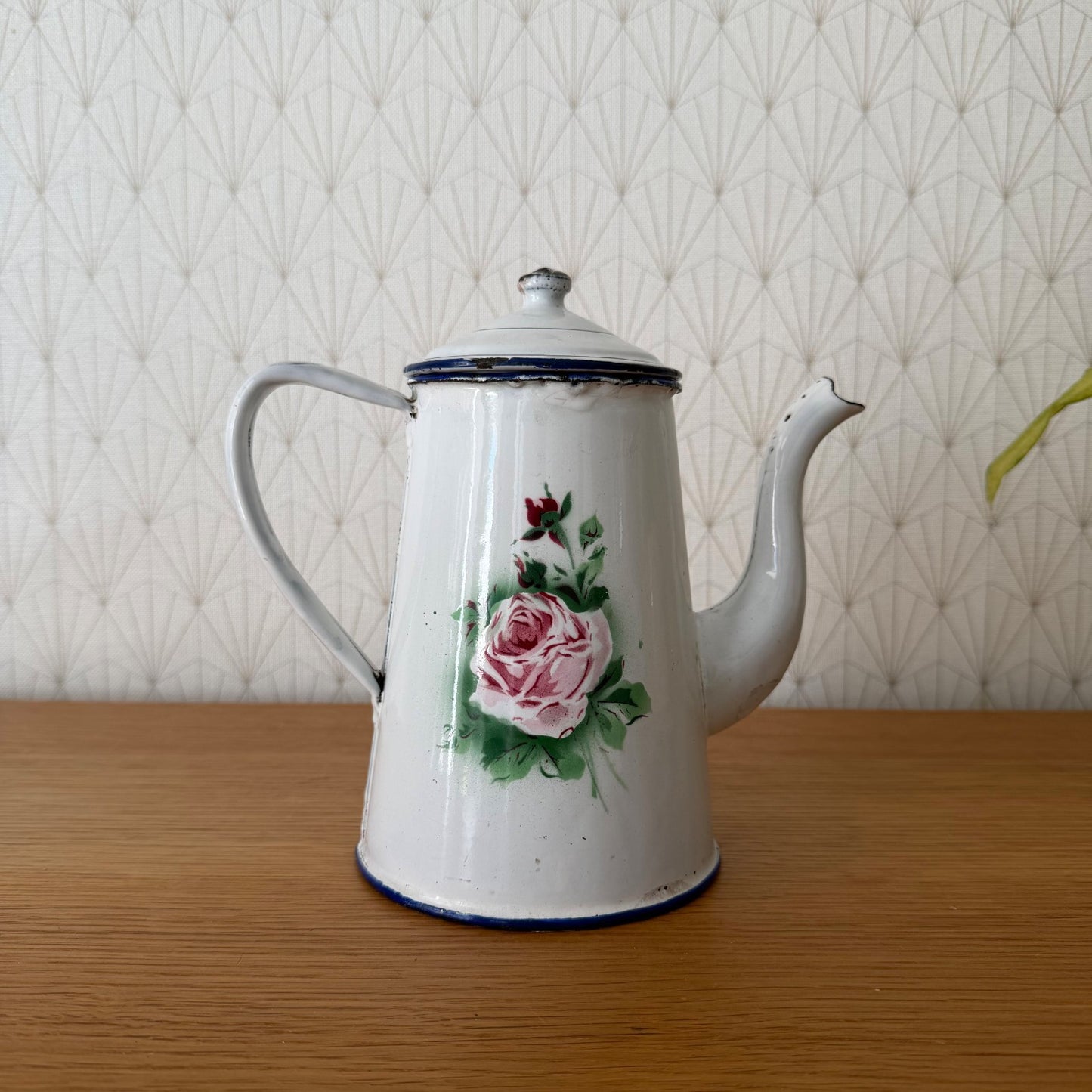 Antique French Enamel Coffee Pot Floral Rose White Blue Trim 0708265 Fleamarketfrance