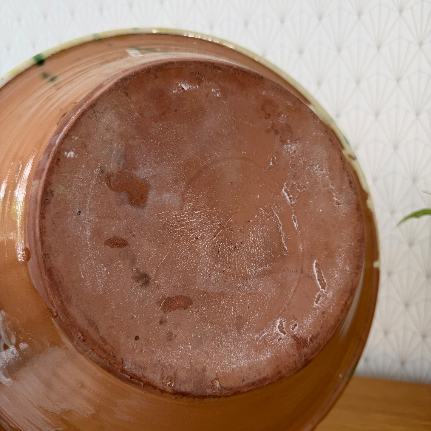 Base and interior profile of vintage French glazed terracotta tian serving bowl