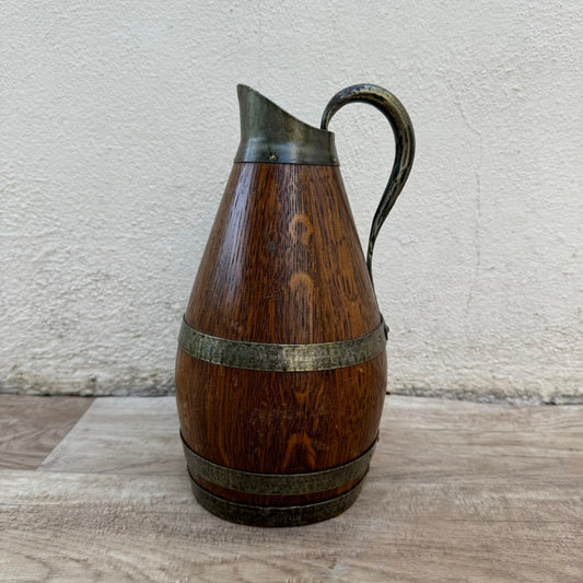 French Wooden Wine Pitcher Vintage Oak Cider Jug Metal Bands 9.75" 22072416 Fleamarketfrance
