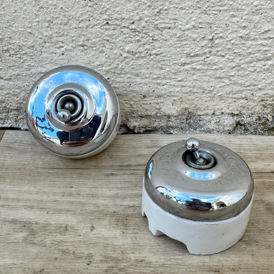 Vintage French Set of 2 CHROME & PORCELAIN LIGHT SWITCHES 29012413 - Fleamarketfrance