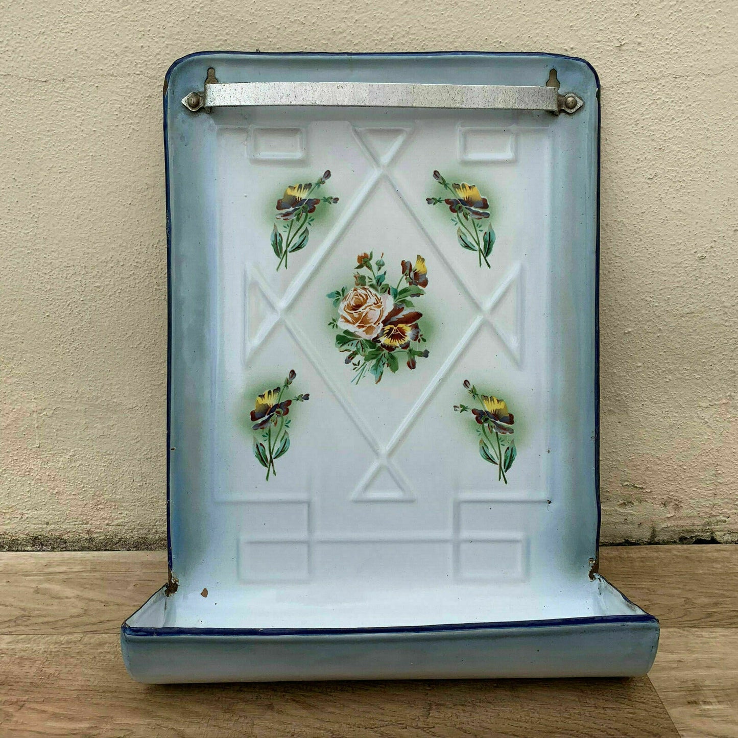 Vintage French Enamel Utensil Holder Blue Floral Wall Rack Kitchen 1107194 Fleamarketfrance