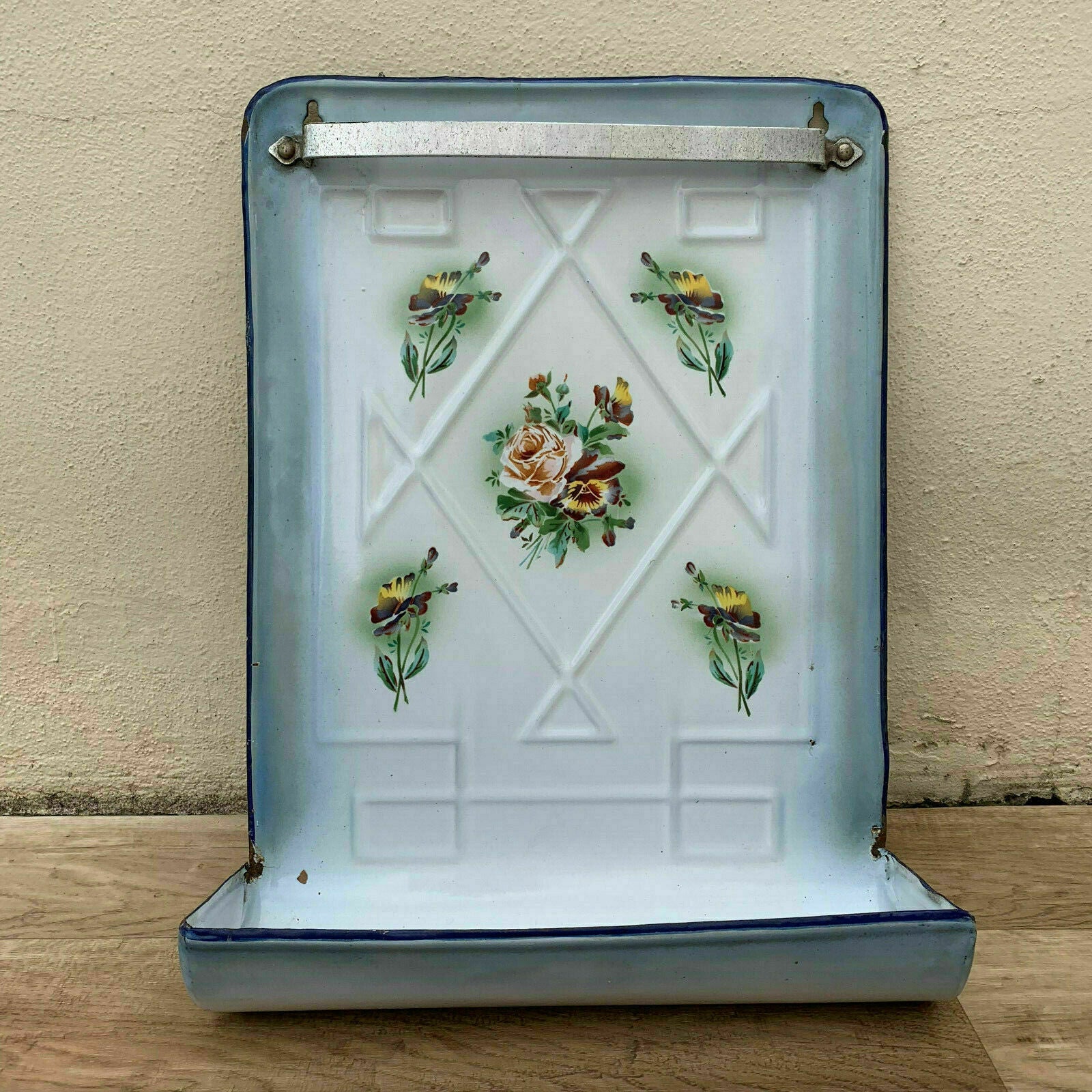 Vintage French Enamel Utensil Holder Blue Floral Wall Rack Kitchen 1107194 Fleamarketfrance
