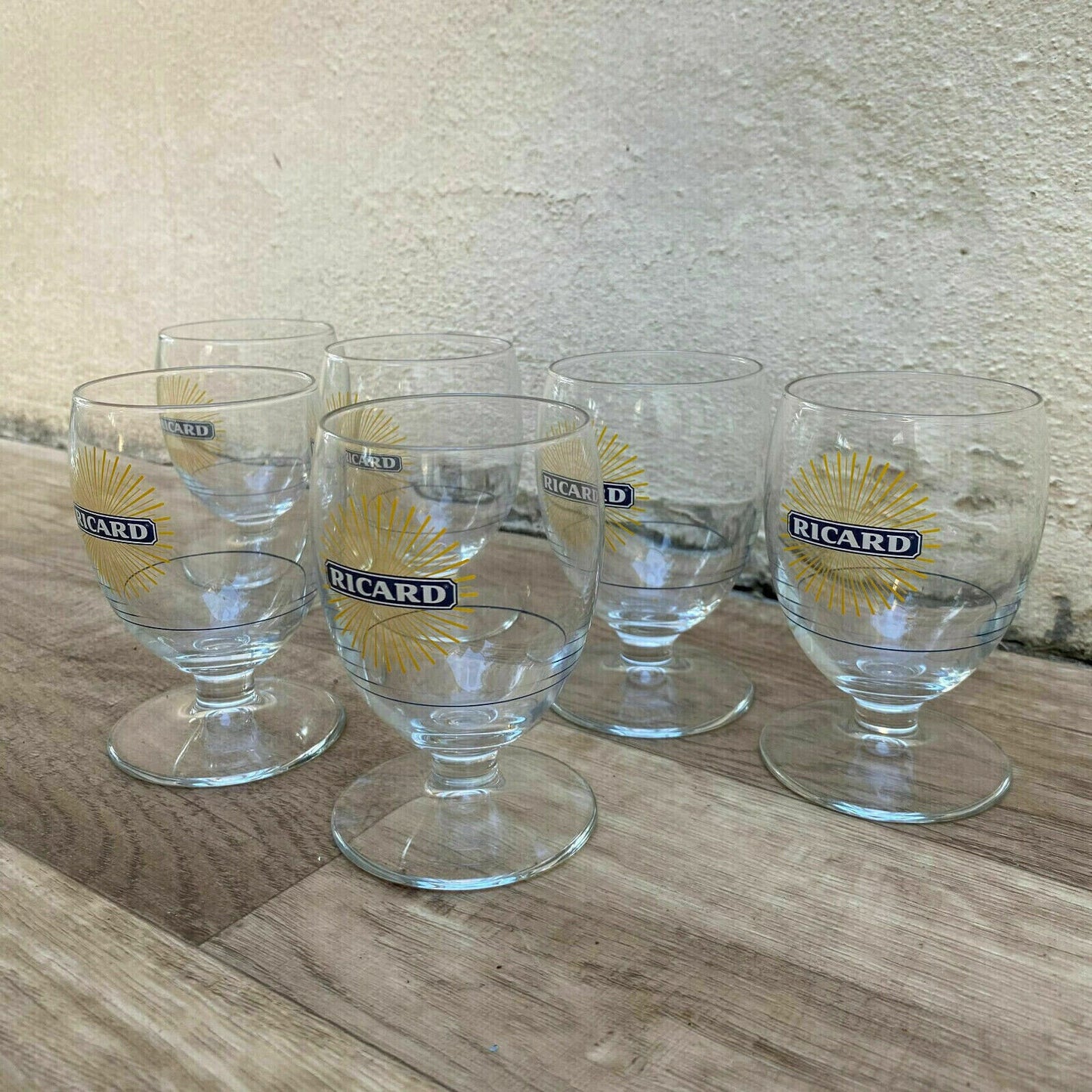 6 FRENCH RICARD ANISETTE PASTIS GLASSES WITH SUNBURST MOTIF 1001253 - Fleamarketfrance