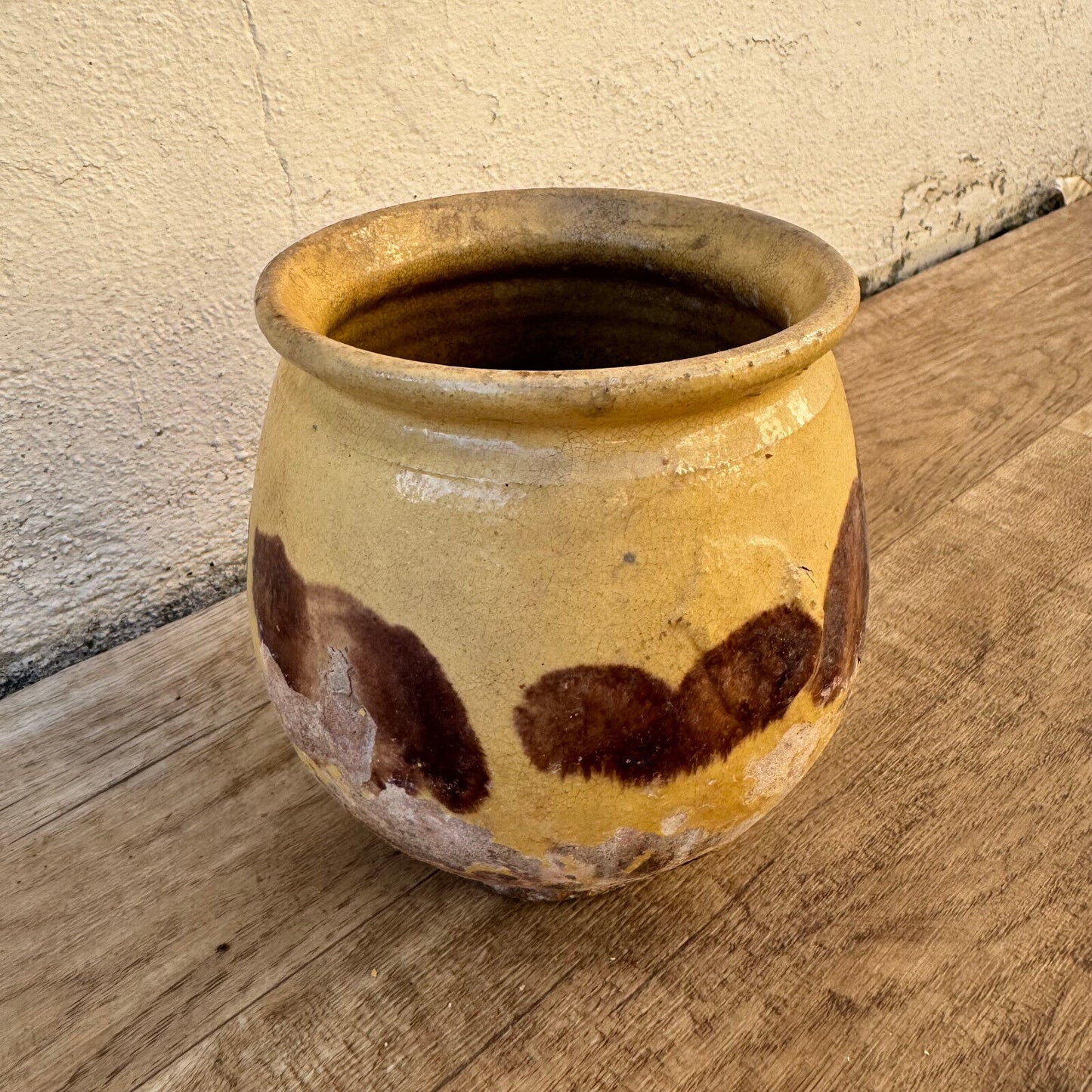 HANDMADE GLAZED BROWN YELLOW ANTIQUE FRENCH HONEY POT TERRACOTTA 1202257 - Fleamarketfrance