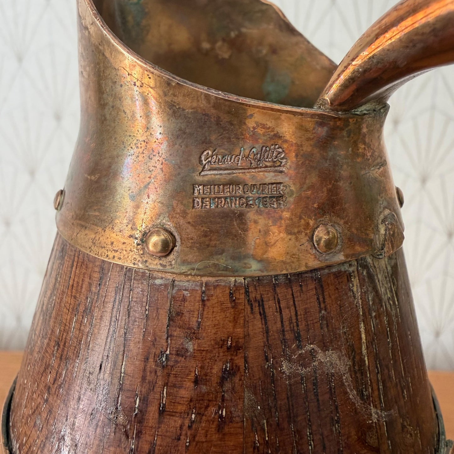 French Wooden Wine Pitcher Staved Wood Brass Bands Cider Jug 25cm 2805263 Fleamarketfrance