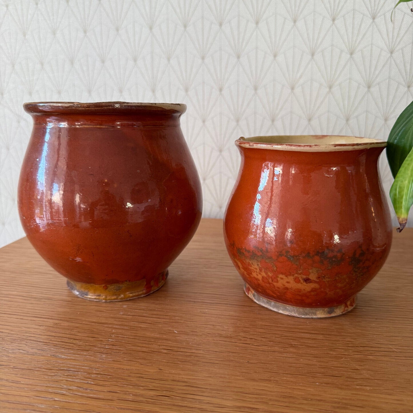 2 HANDMADE GLAZED RED YELLOW ANTIQUE 1850 FRENCH HONEY POTS TERRACOTTA 01122411 - Fleamarketfrance