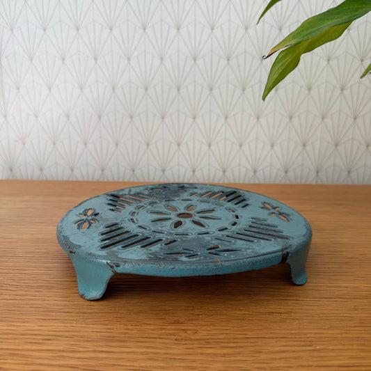 Antique vintage french Cast iron kitchen Trivet  france blue turquoise 08072510