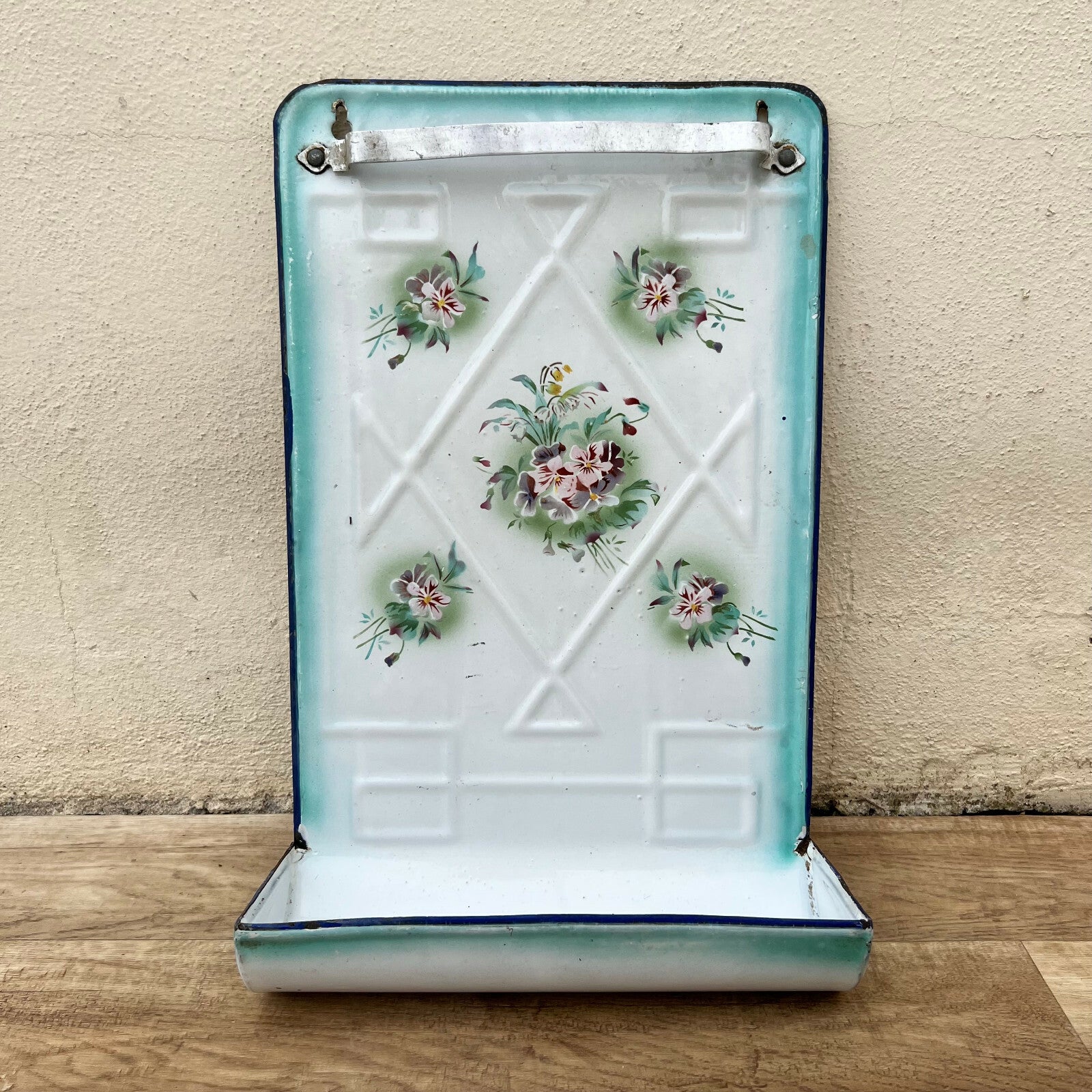 French Enamel Utensil Rack Wall Mount Floral Blue Green Vintage 23042232 Unbranded