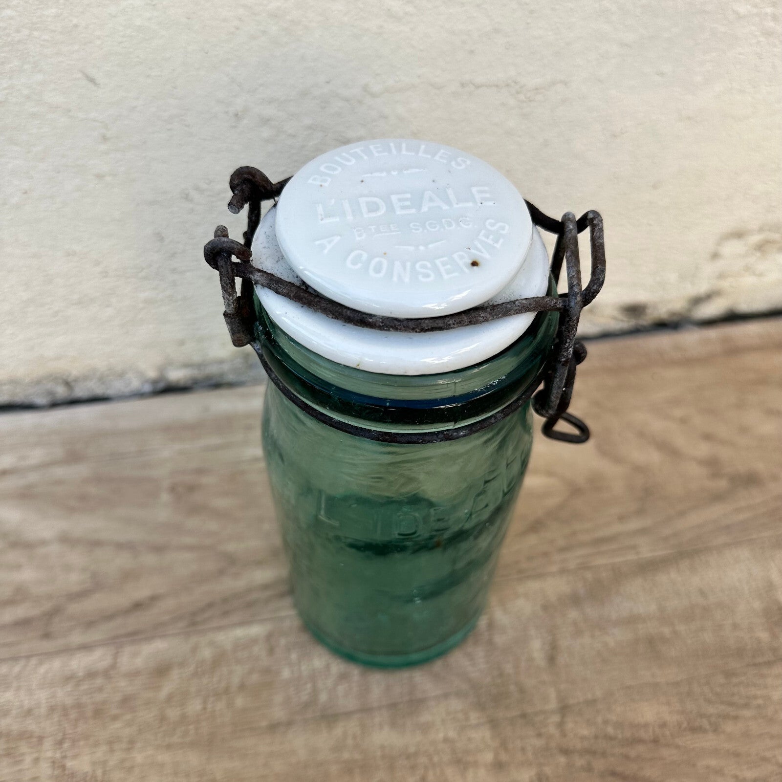 French Vintage L'Ideal Canning Jar Green Glass Porcelain Lid 7.5" 1006242 L'Ideal