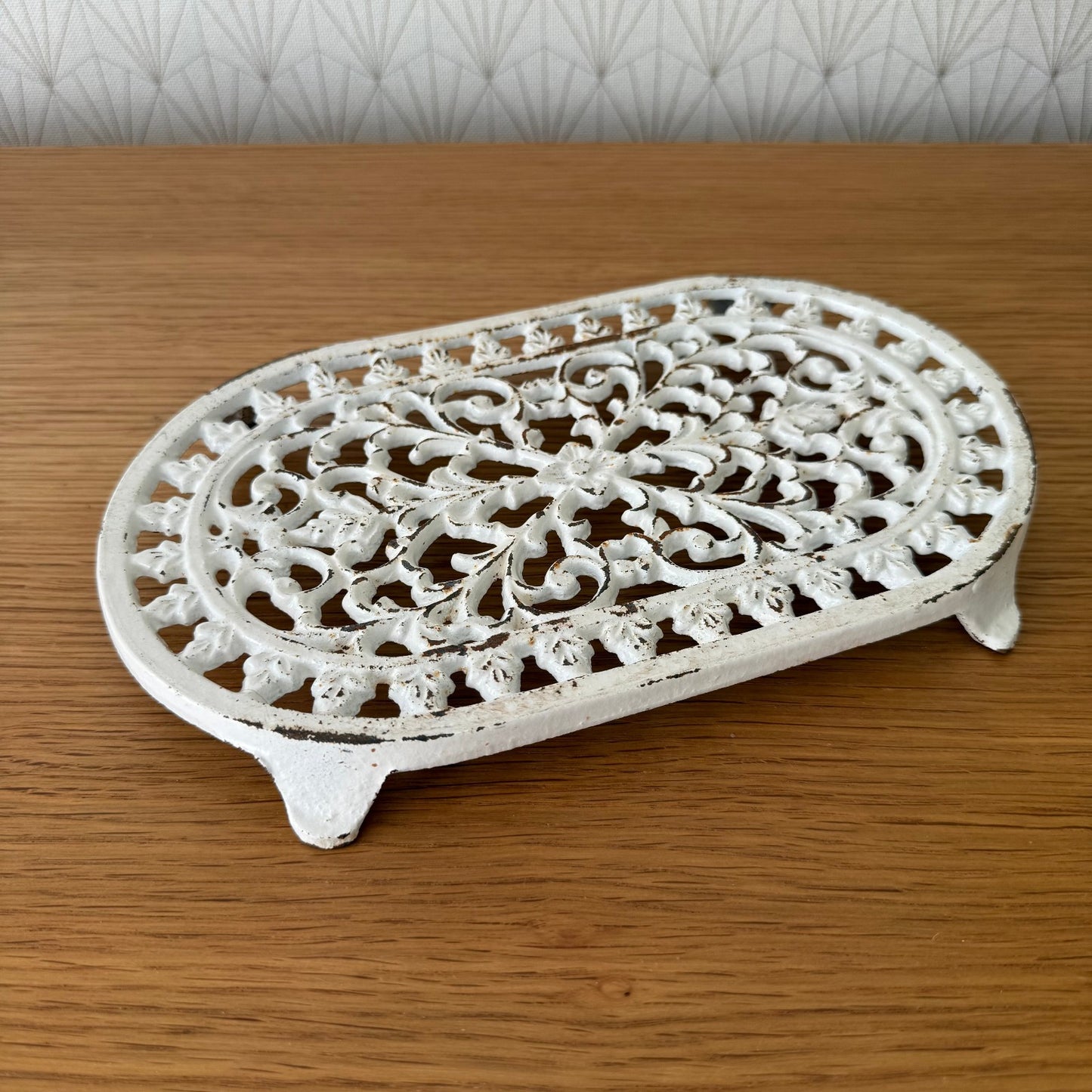 Antique vintage french Cast iron kitchen Trivet  france white 307259