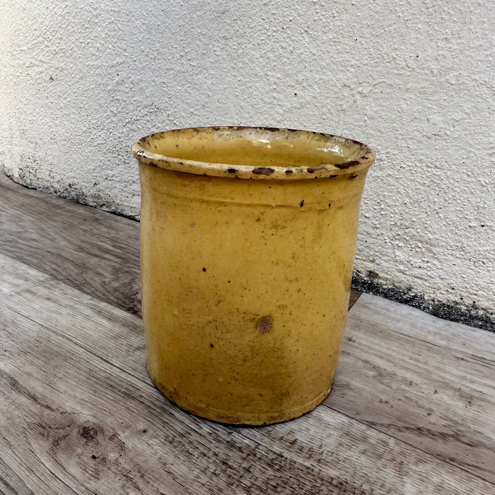 HANDMADE GLAZED BEIGE YELLOW ANTIQUE FRENCH JAM POT CONFIT 0503254 - Fleamarketfrance