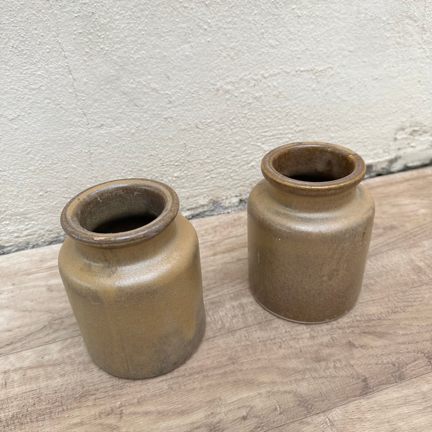 French Stoneware Mustard Pots Antique Brown Glazed Handmade Pair 1511233 Unmarked