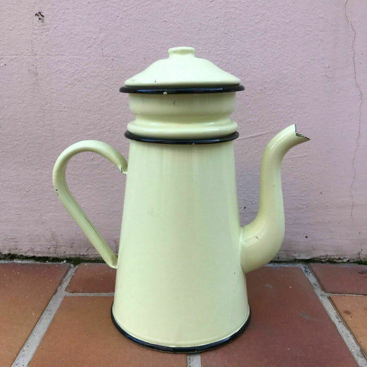 Vintage French Enamel Coffee Pot Green Yellow Black Trim Kitchenware 4 Fleamarketfrance