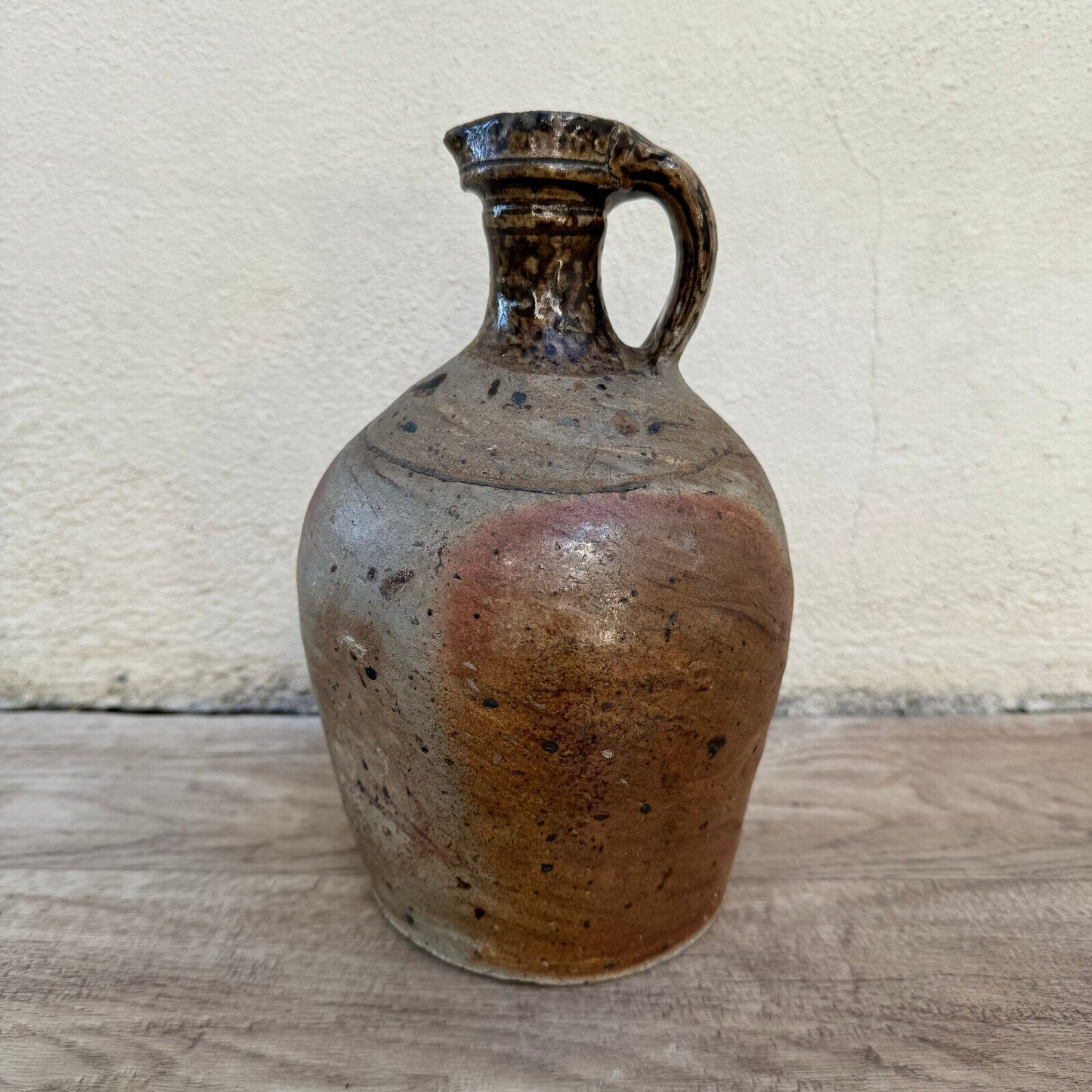 HANDMADE GLAZED BEIGE ANTIQUE FRENCH STONEWARE JUG PITCHER 0410231 - Fleamarketfrance