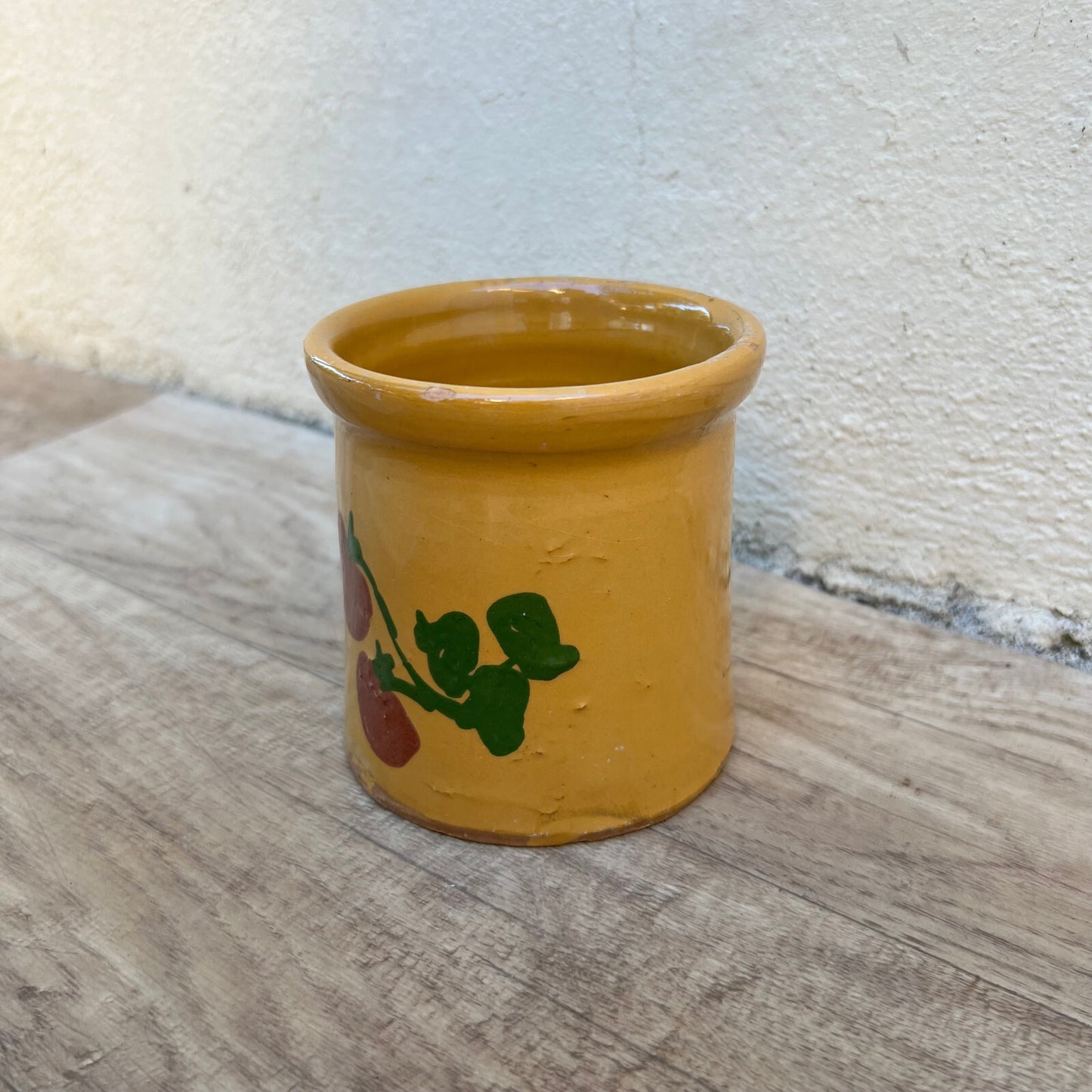 French Confit Pot Yellow Ceramic Antique Cherry Motif Terracotta 29052410 Unmarked