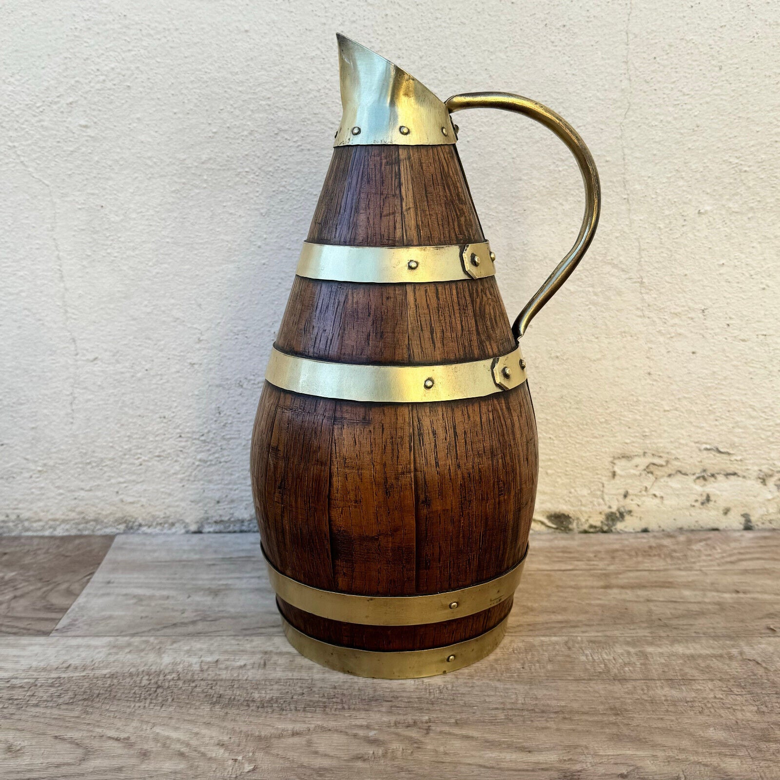 Vintage French Wooden Wine Cider Jug Pitcher Staved Wood Metal 11 3/4" 0405245 - Fleamarketfrance