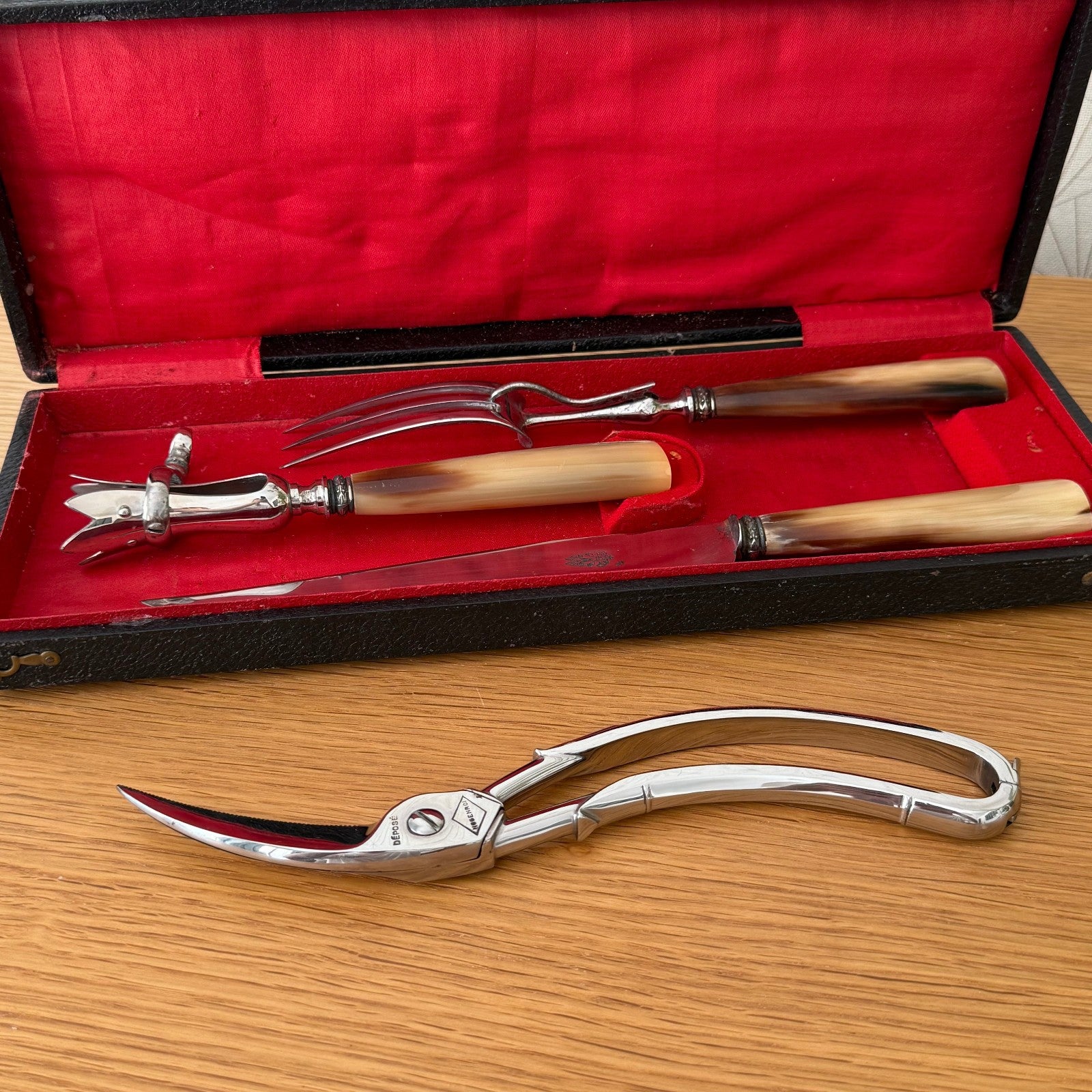 French Carving Set Vintage 3 Piece Horn Handle Gigot Service Box 1807256 Fleamarketfrance