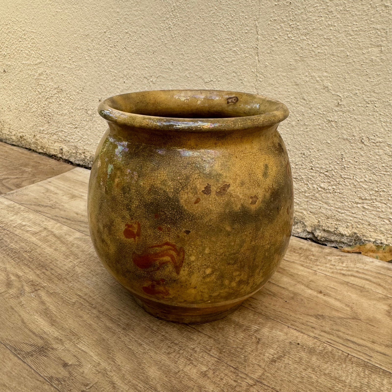 Antique French Confit Pot Glazed Terracotta Yellow Round 6" 3008242 Unmarked