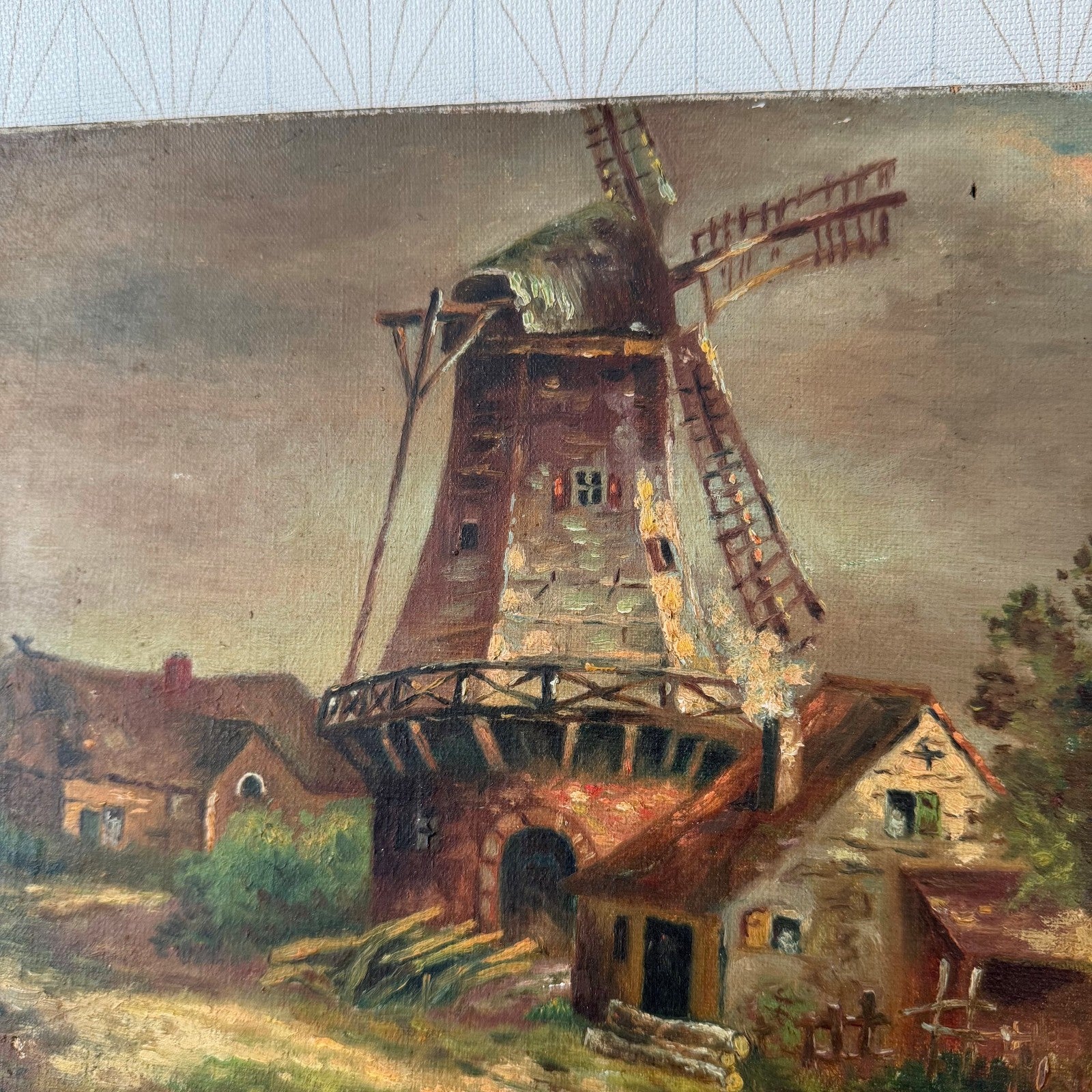 Antique Windmill Oil Painting on Canvas Signed Oscar Paul 1407268 Does Not Apply