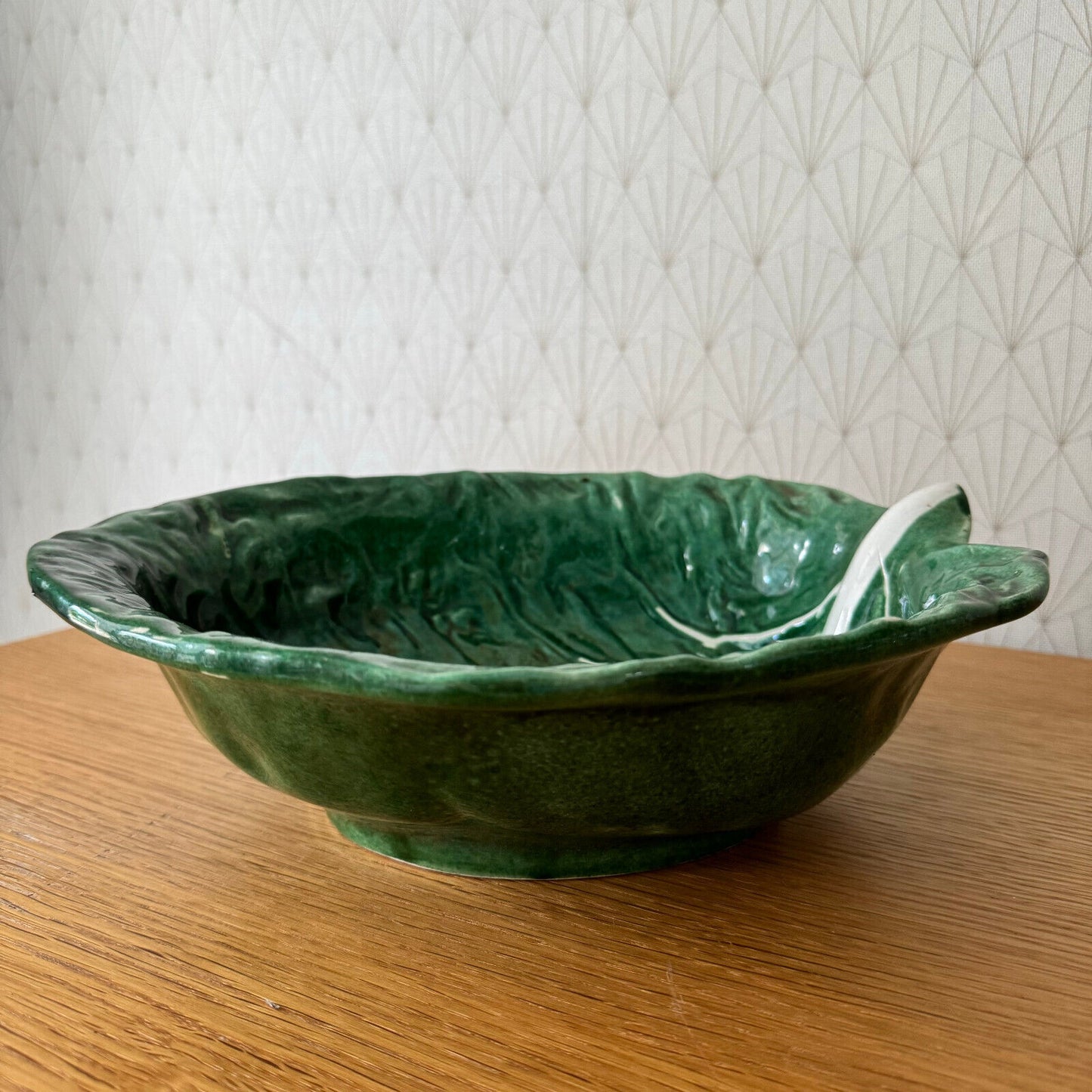 French Green Cabbage Majolica Gerber Prestige Paris fruit bowl 08052416 - Fleamarketfrance