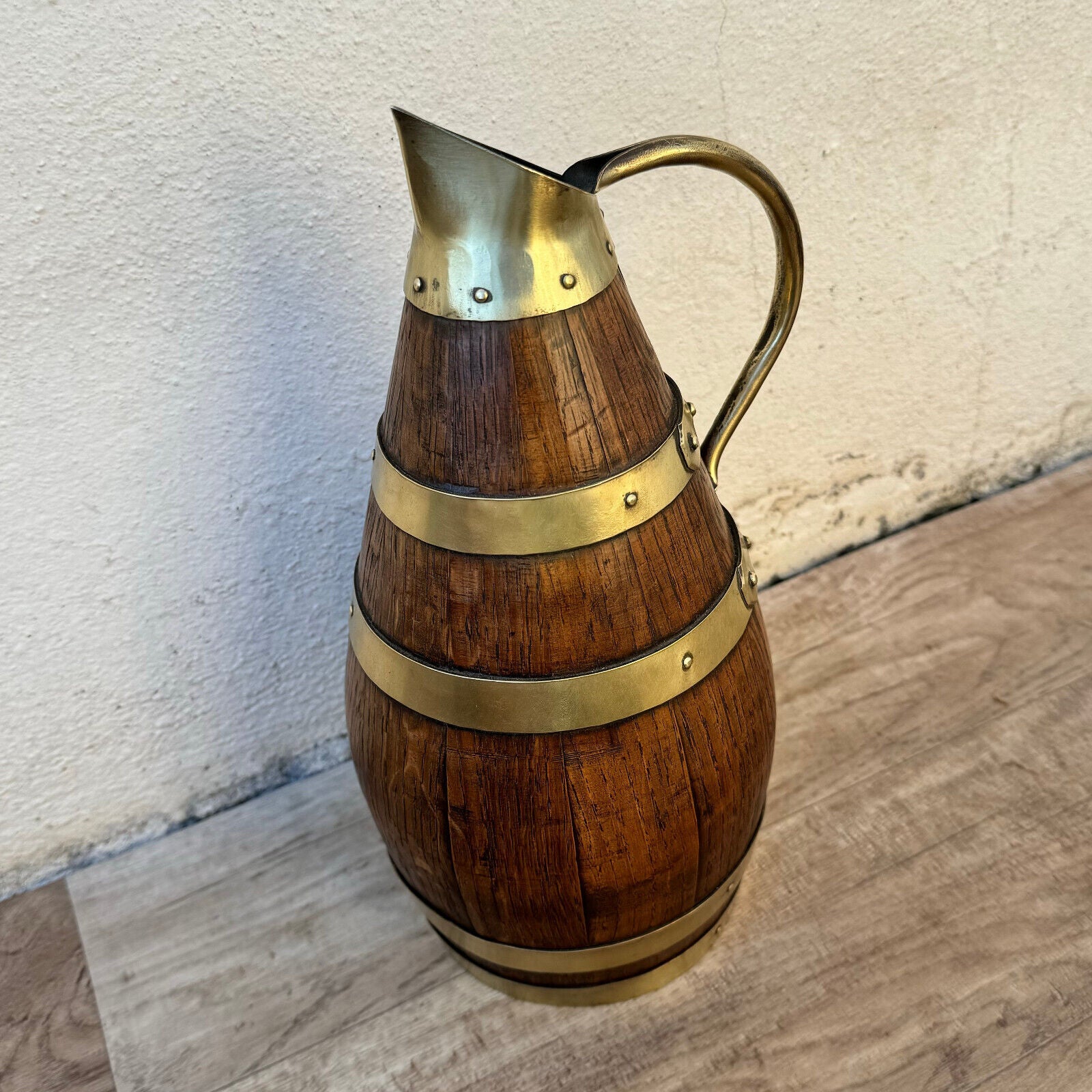 Vintage French Wooden Wine Cider Jug Pitcher Staved Wood Metal 11 3/4" 0405245 - Fleamarketfrance