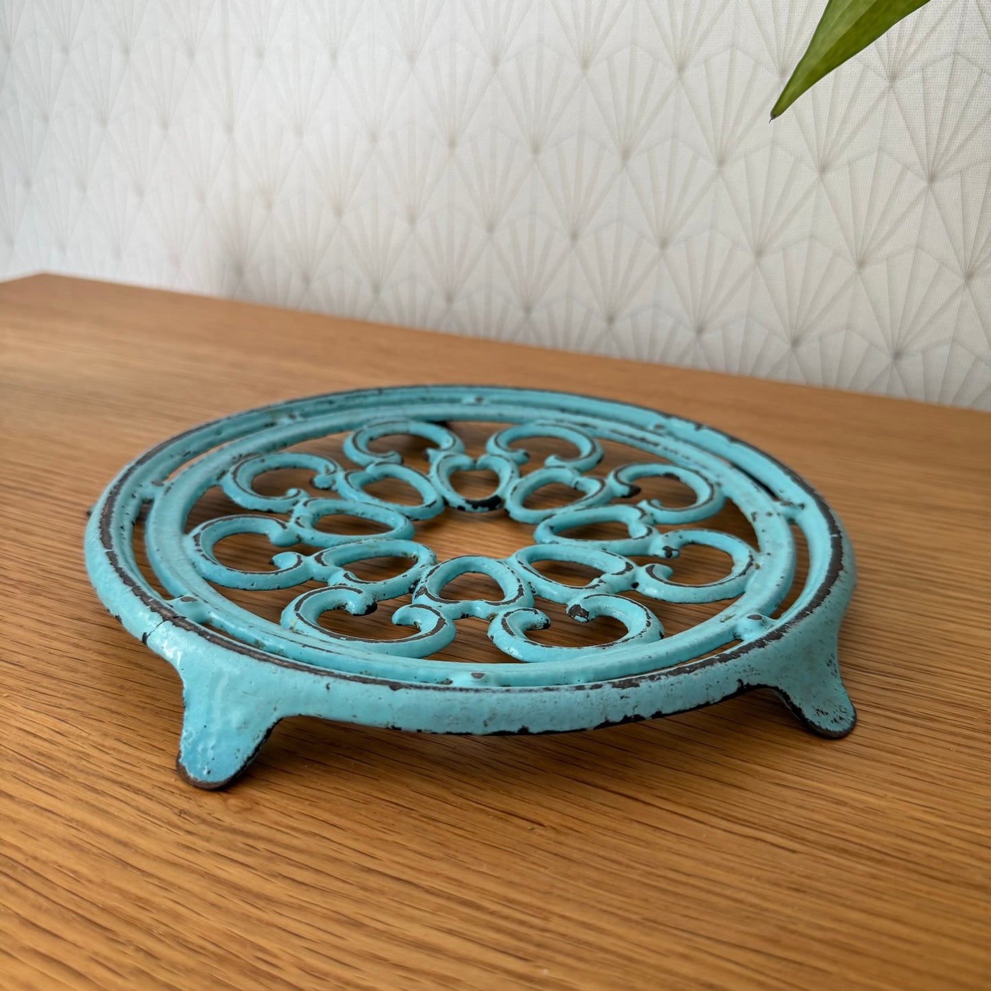 Antique vintage french Cast iron kitchen Trivet  france blue turquoise 0807258