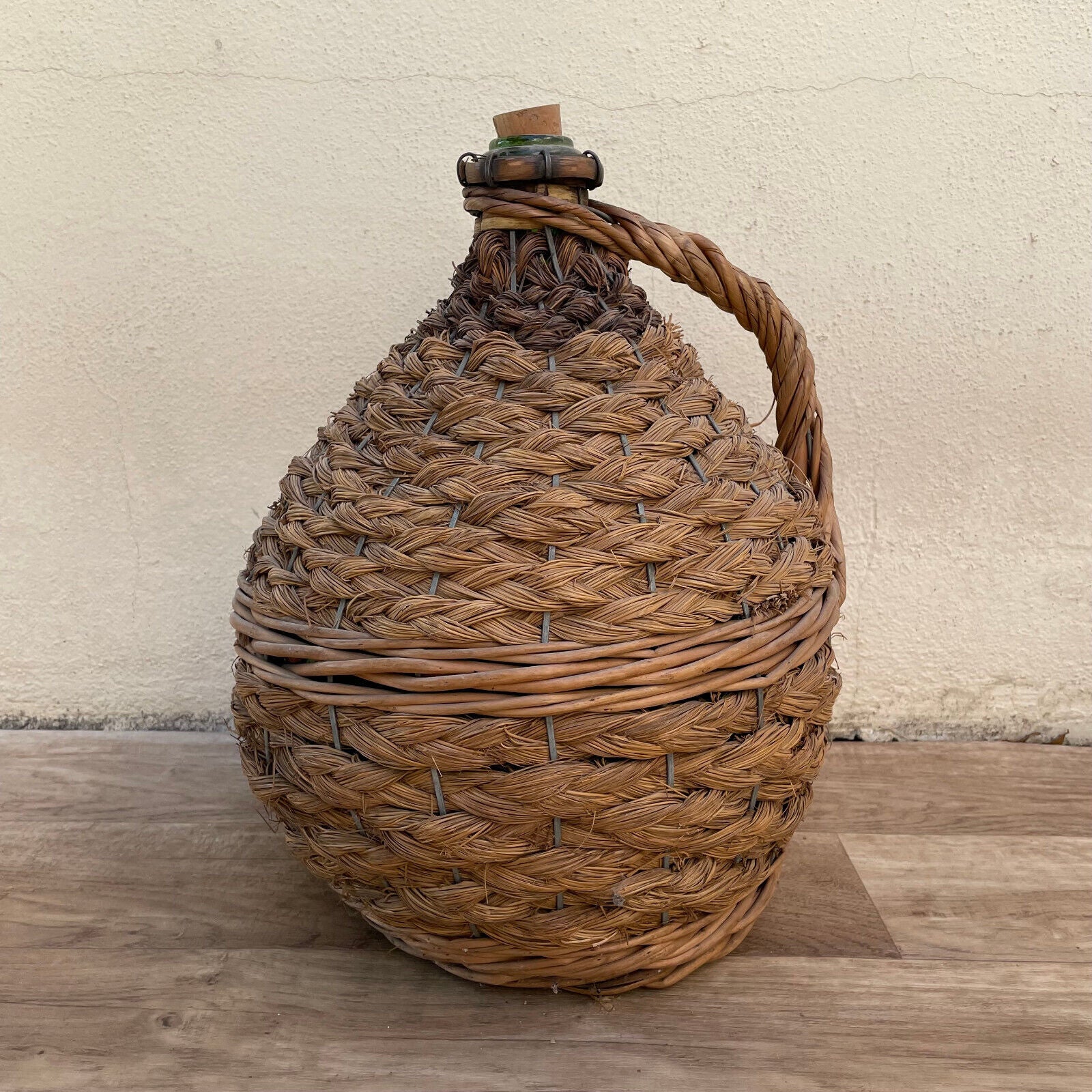 Old French Green Dame Jeanne Demi John Carboy Bottle bonbonne rattan 2710222 - Fleamarketfrance