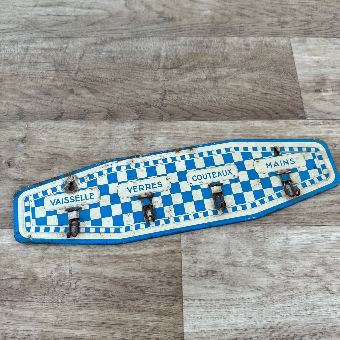 French Kitchen Towel Rack Blue White Checkered Metal Hooks Vintage 1206236 Unbranded