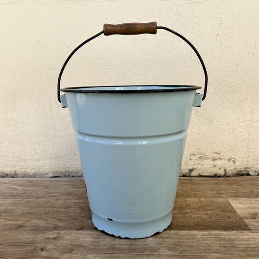 French Enamel Bucket Blue Water Pail Wooden Handle Vintage 17072210 Fleamarketfrance