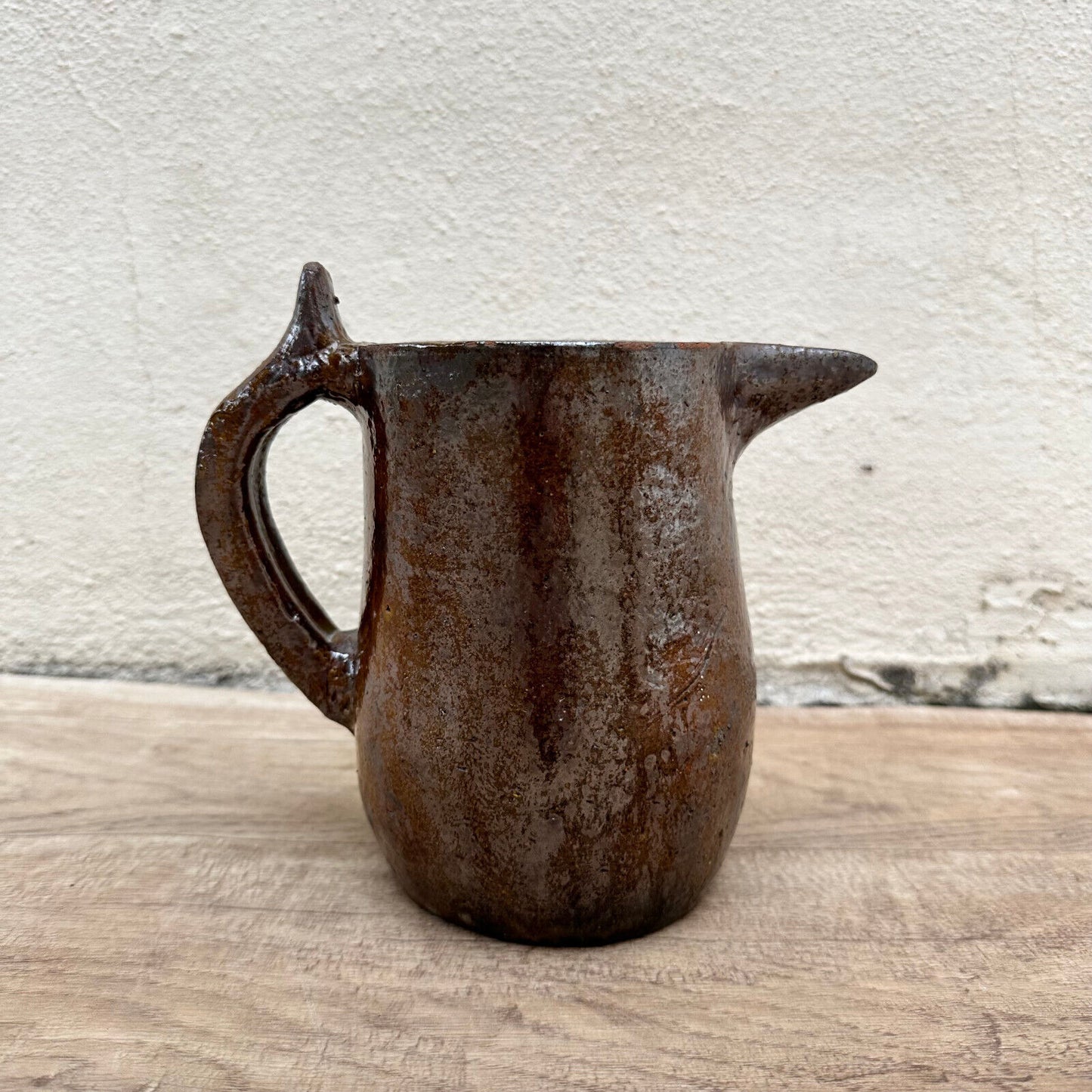 HANDMADE GLAZED BROWN VINTAGE FRENCH PITCHER 1611238 - Fleamarketfrance