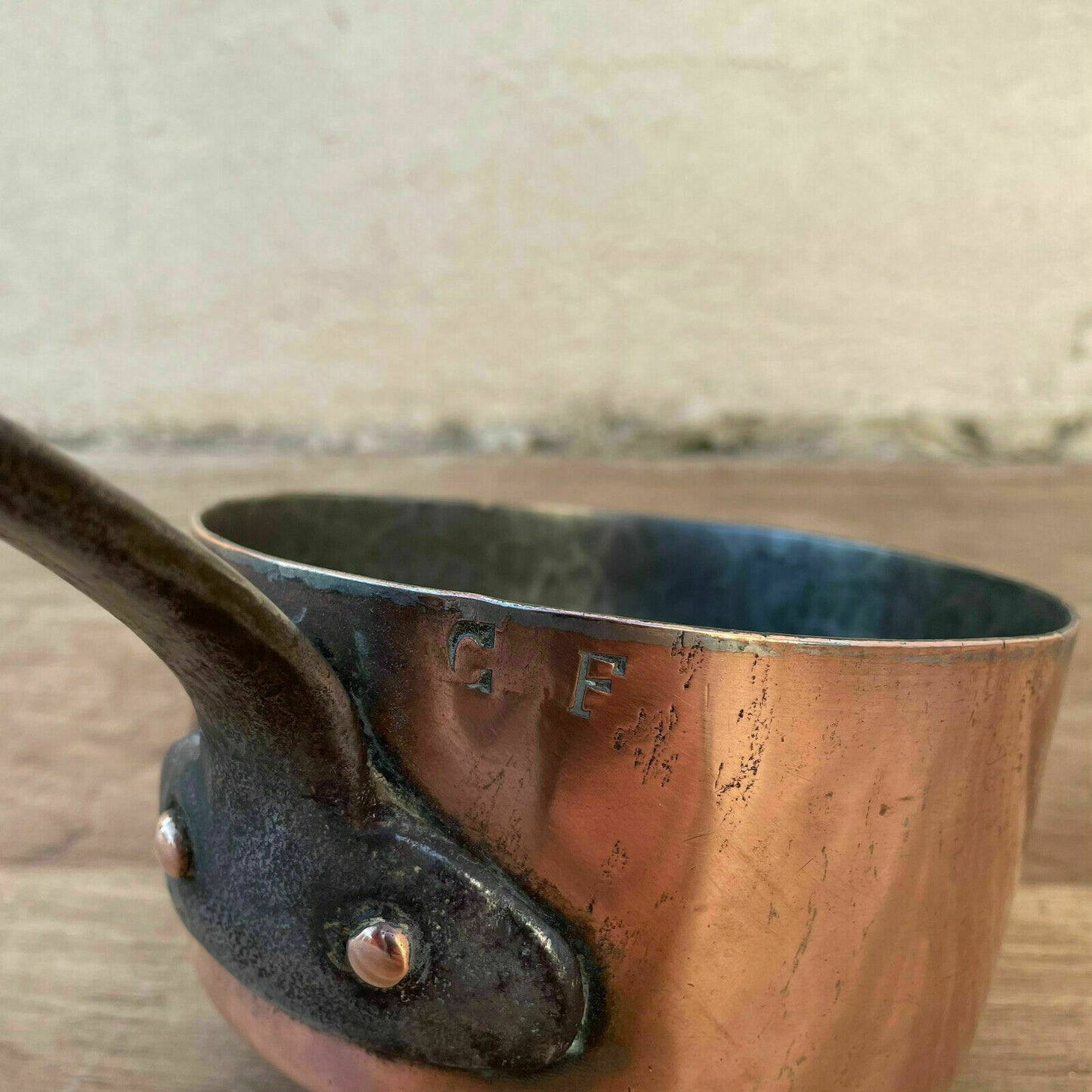 Antique French Copper Saucepan Tin Lined Cast Iron Handle 16102113 Unbranded