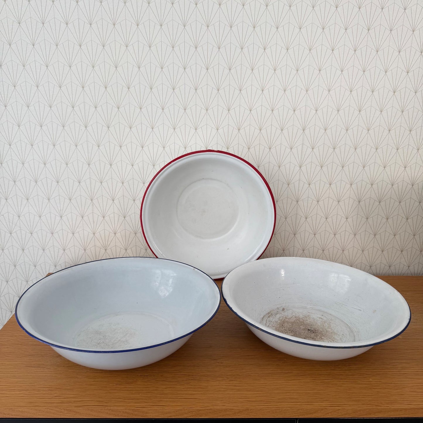 Set 3 French Enamel Basin Bowls White Blue Red Rim Vintage 04092630