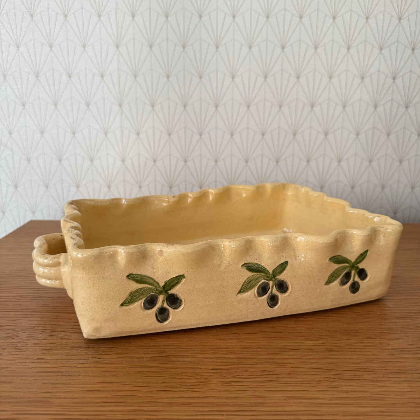 French Pottery Gratin Dish Yellow Olive Pattern Vintage Bakeware 0911246 Unbranded