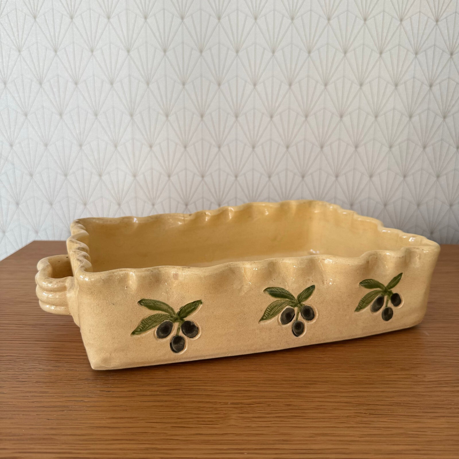French Pottery Gratin Dish Yellow Olive Pattern Vintage Bakeware 0911246 Unbranded