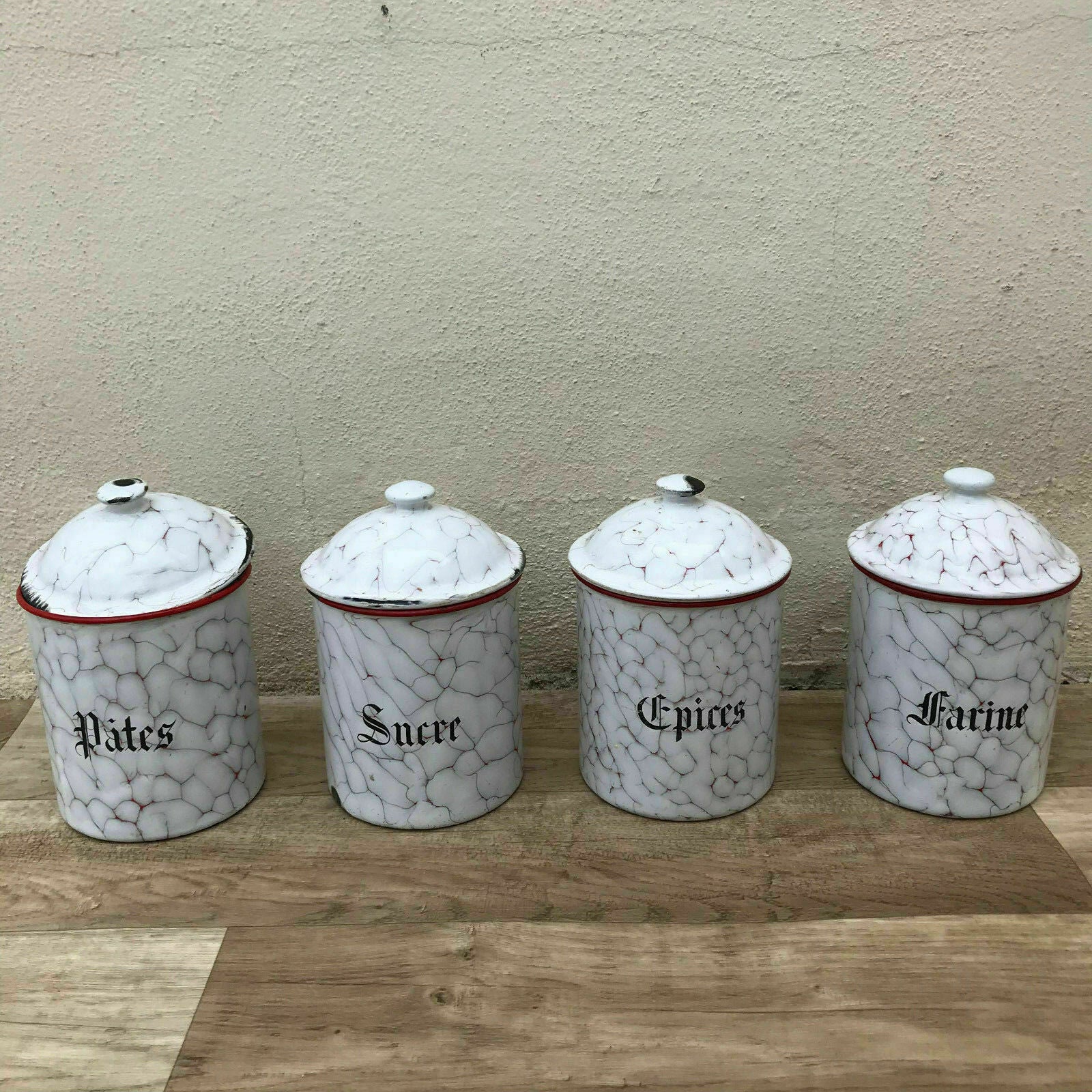 Bistro Francais 4 Canisters Set French Enameled France Vintage 1900 s 30031823 - Fleamarketfrance