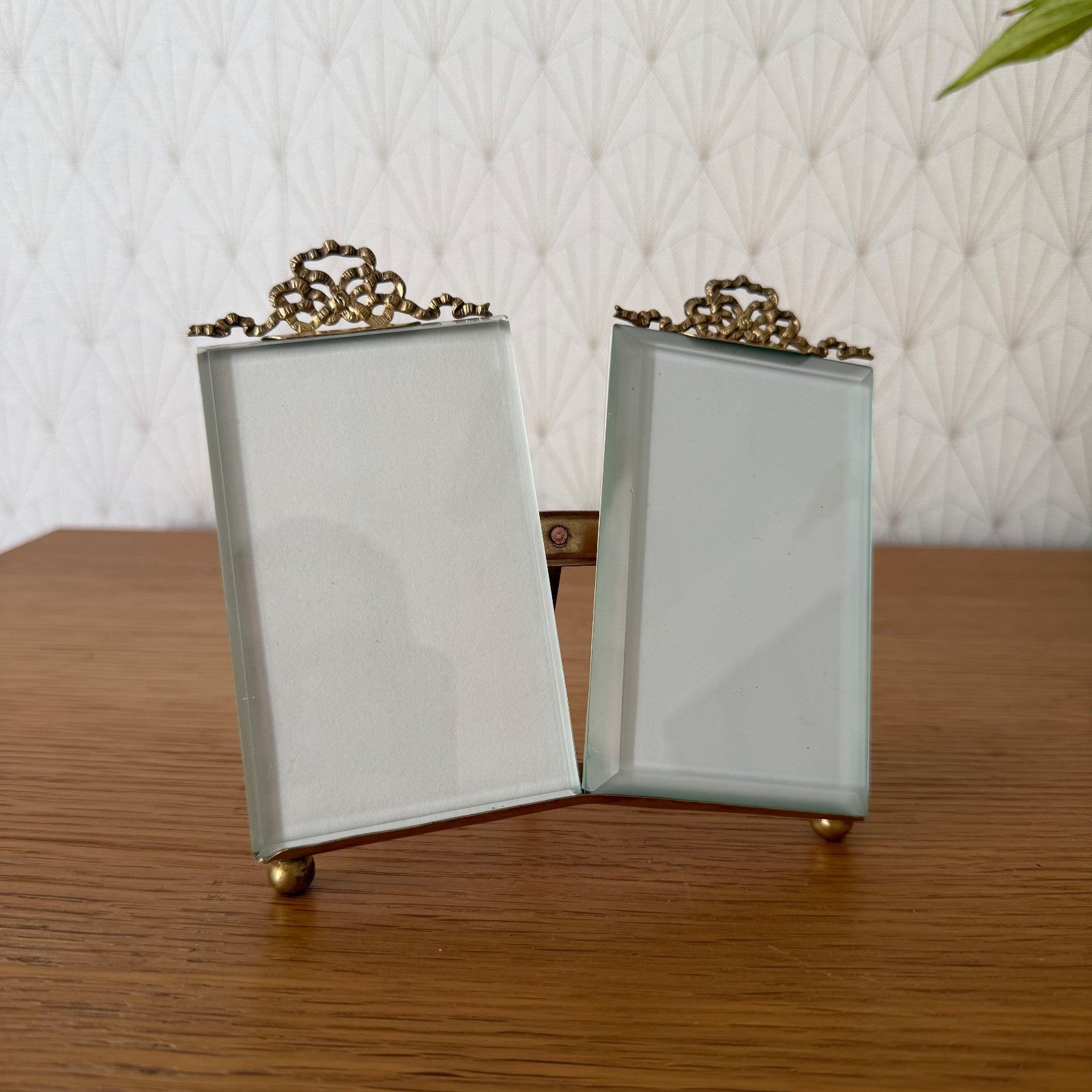 French Vintage Brass Double Photo Frame Ribbon Bow Beveled Glass 27062616 Fleamarketfrance