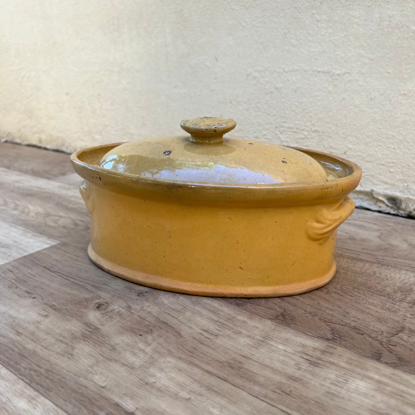 Vintage French Terrine Pot Mustard Yellow Glazed Clay with Lid 2607226 Unmarked
