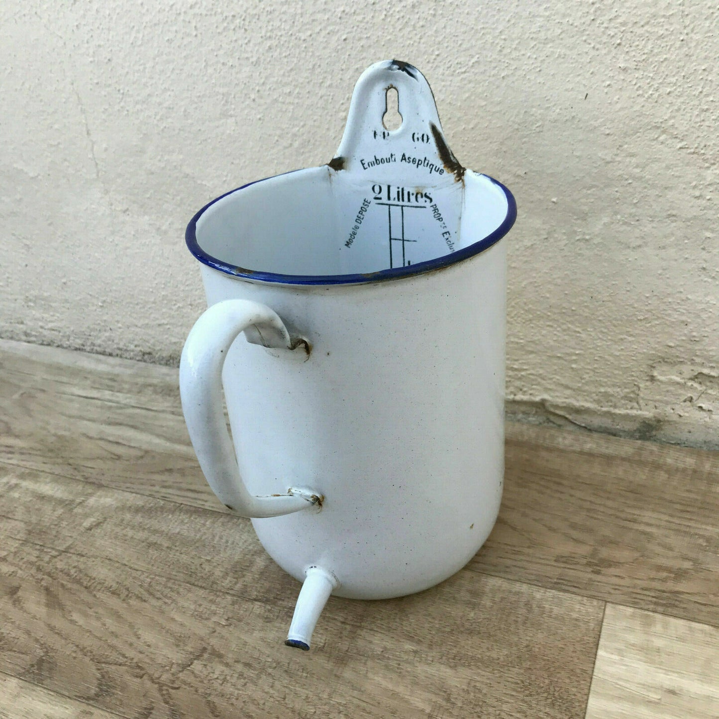 Antique French Enamel Irrigator Medical White Blue Enamelware Douche 0912193 Fleamarketfrance