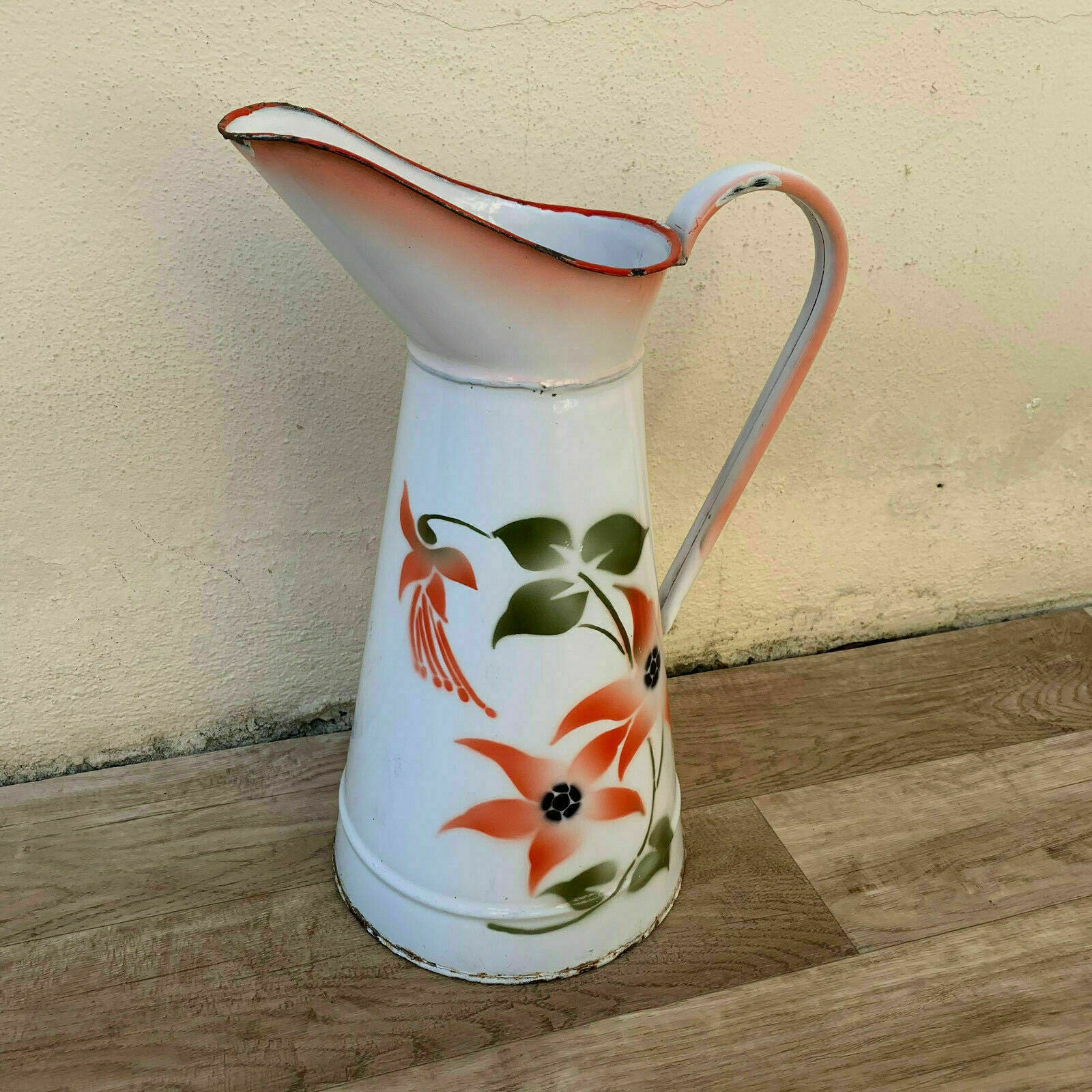 Vintage French Enamel pitcher jug water enameled white flowers RARE 0603191 - Fleamarketfrance