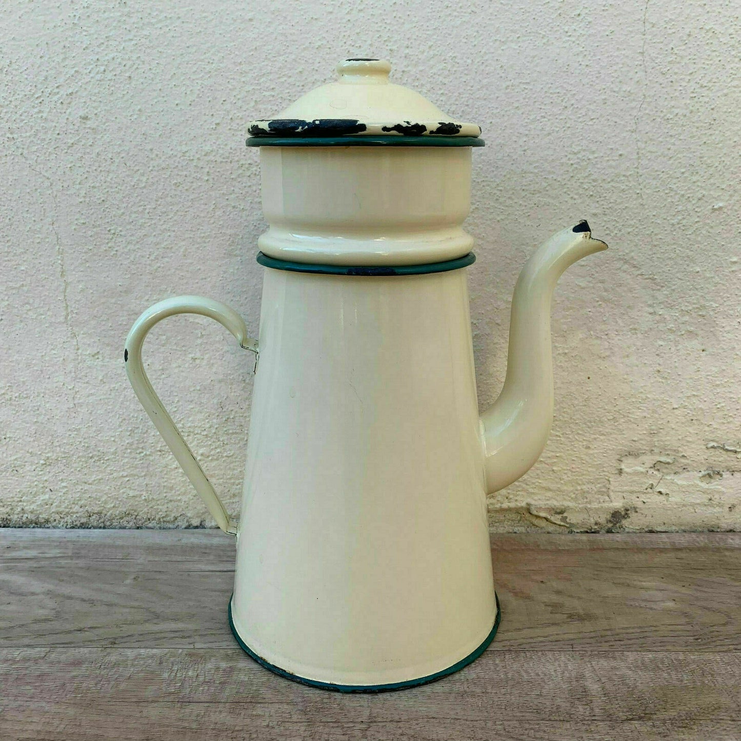 French Enamel Coffee Pot White Green Trim Vintage Enamelware 09041920 Fleamarketfrance